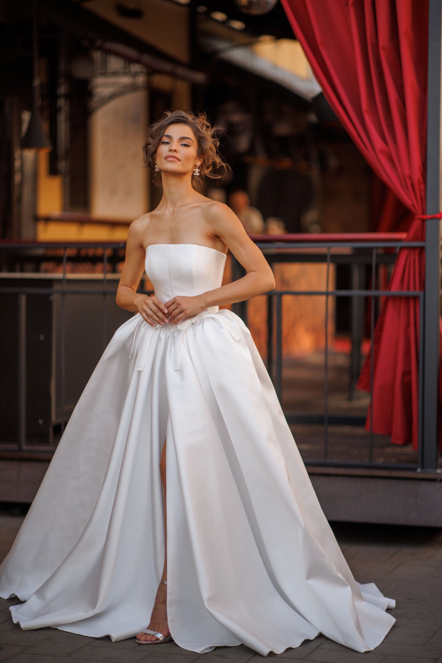 Princess Mikado wedding dress with chapel train & slit skirt