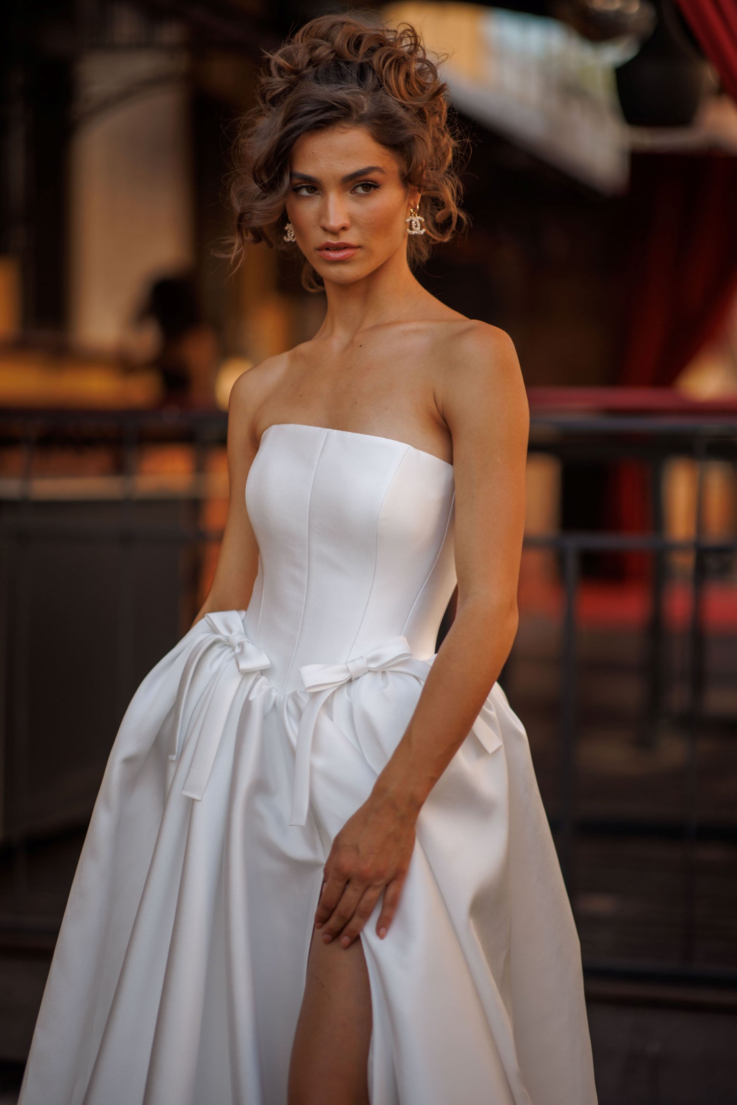 Princess Mikado wedding dress with chapel train & slit skirt