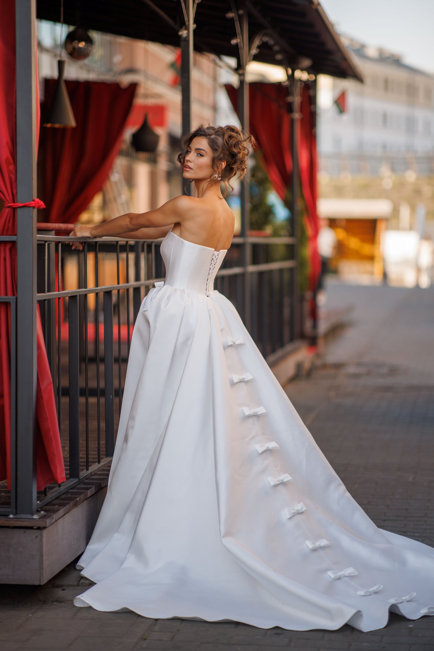 Princess Mikado wedding dress with chapel train & slit skirt