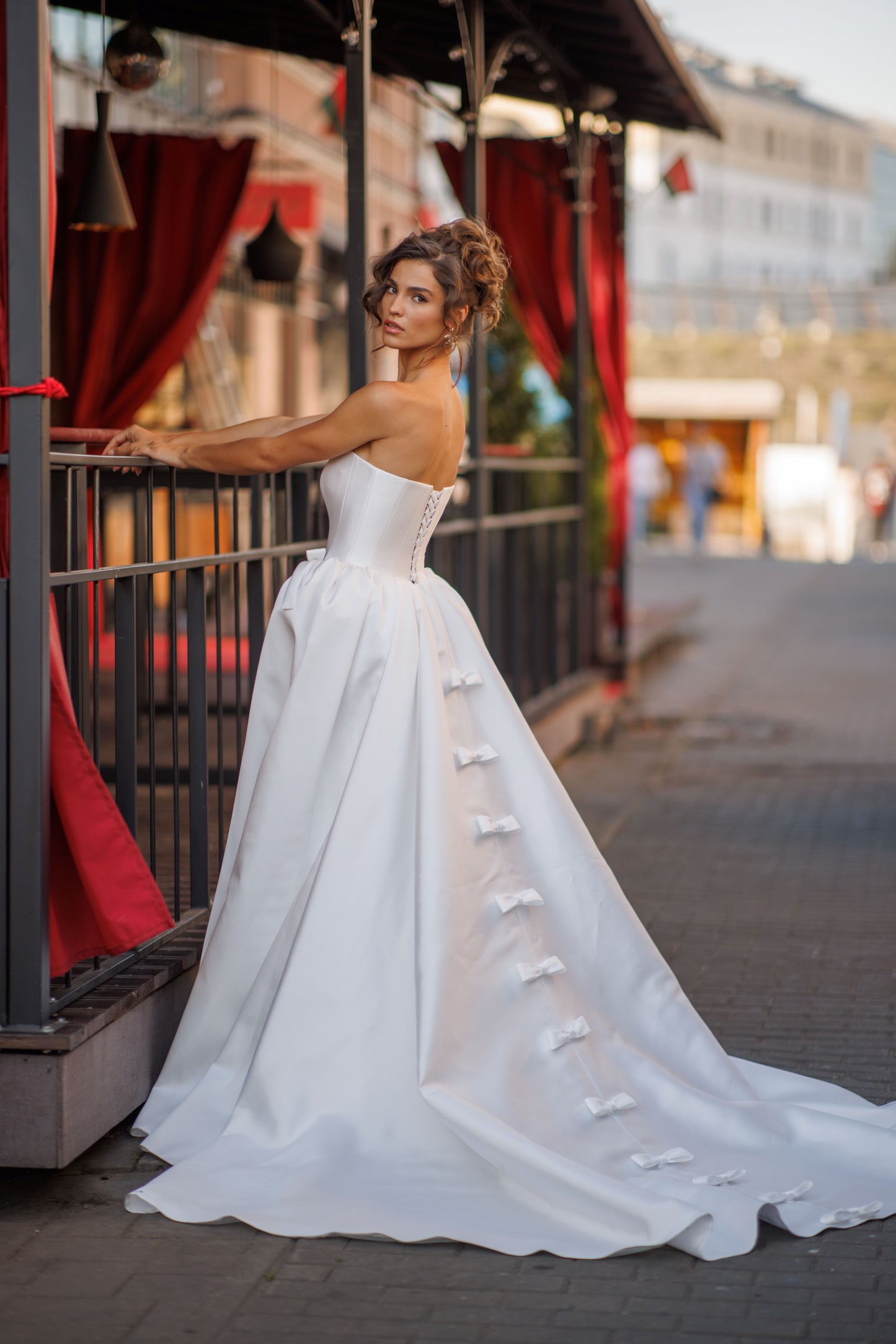 Princess Mikado wedding dress with chapel train & slit skirt
