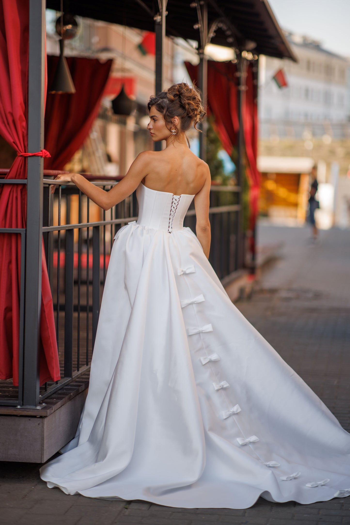 Princess Mikado wedding dress with chapel train & slit skirt
