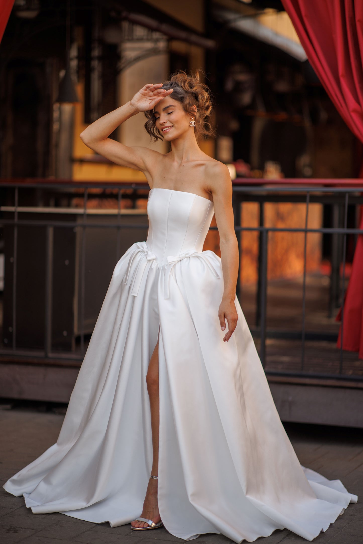 Princess Mikado wedding dress with chapel train & slit skirt