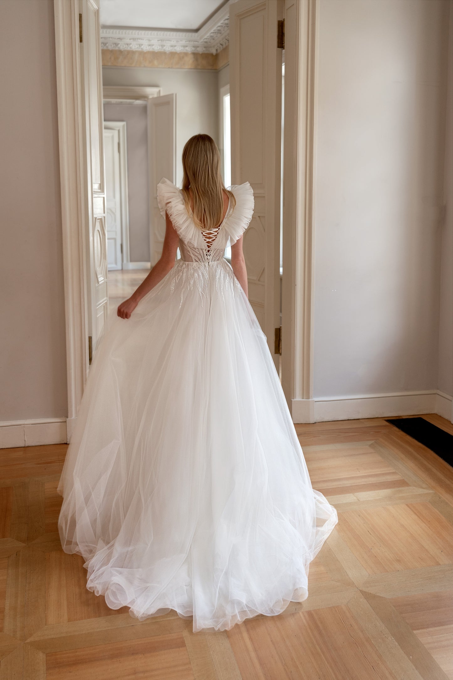 Off the shoulder A-line lace wedding dress with court train