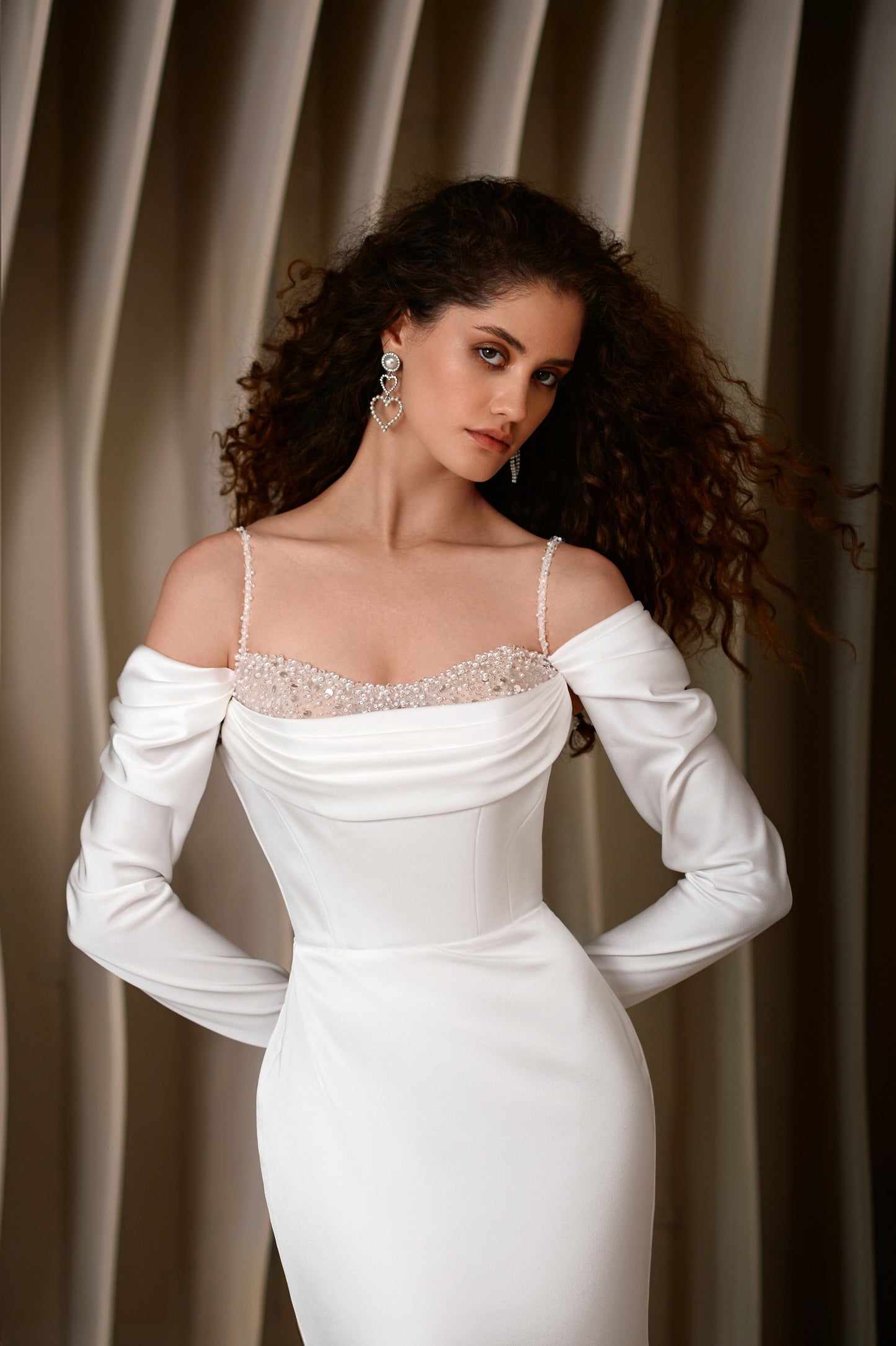 Satin wedding dress with sweetheart neckline & fishtail train