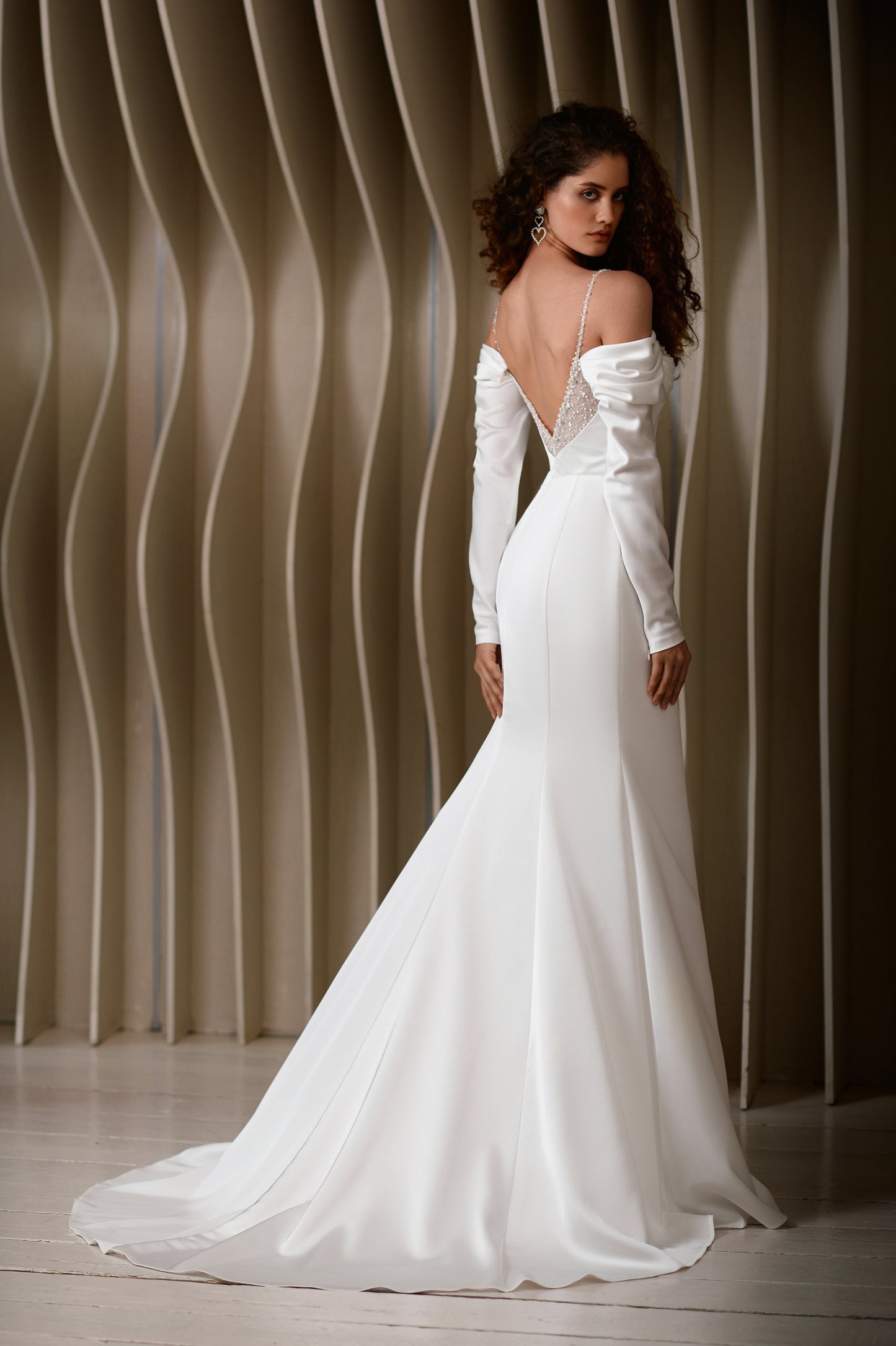 Satin wedding dress with sweetheart neckline & fishtail train