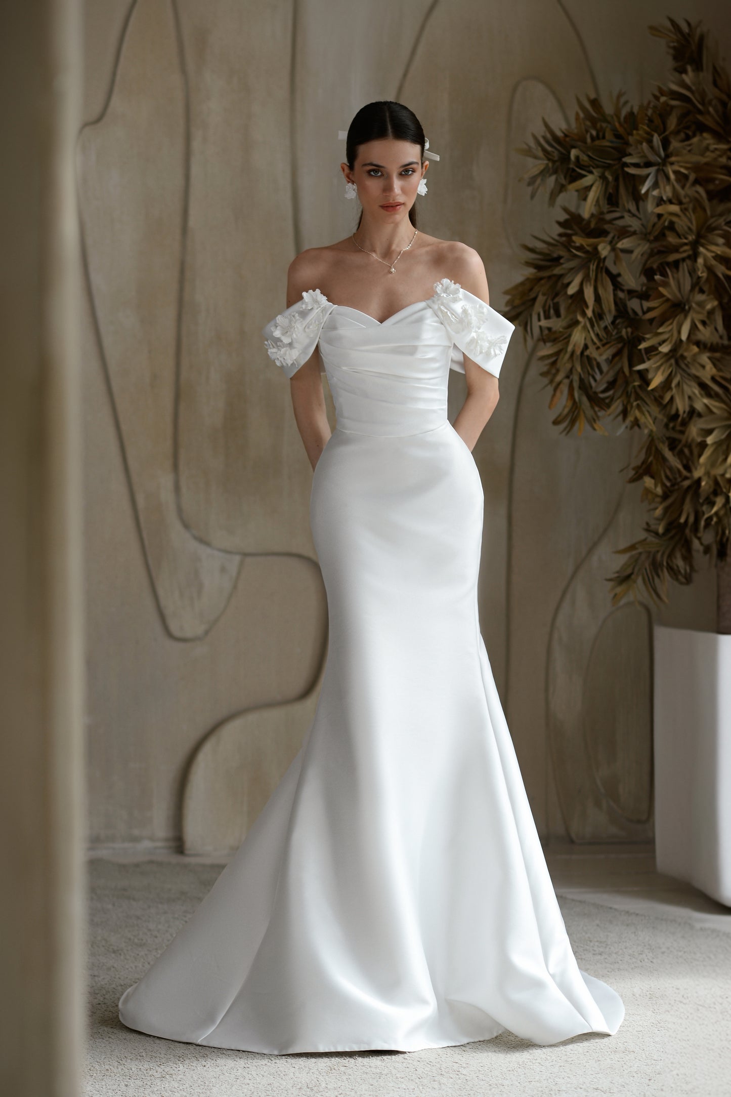 Mermaid Mikado wedding dress with 3D floral straps and train