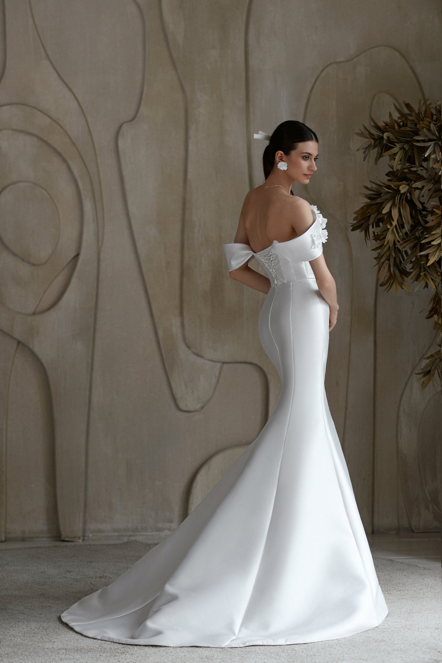 Mermaid Mikado wedding dress with 3D floral straps and train