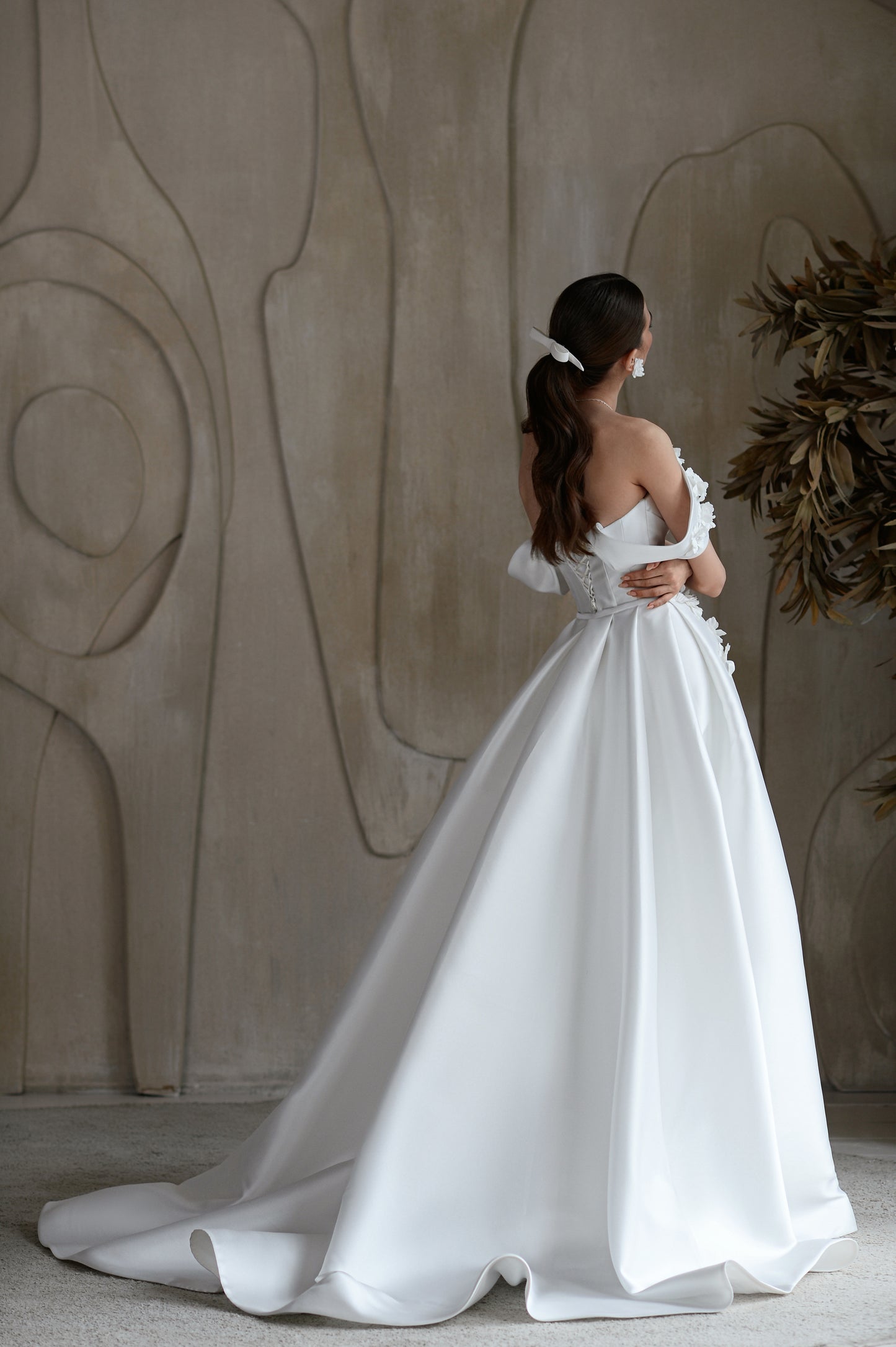 Mermaid Mikado wedding dress with 3D floral straps and train