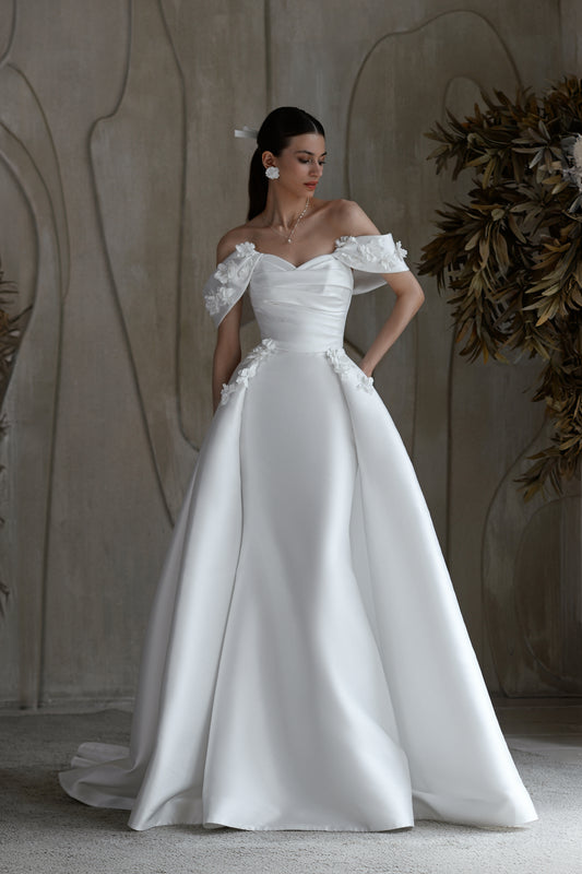 Mermaid Mikado wedding dress with 3D floral straps and train