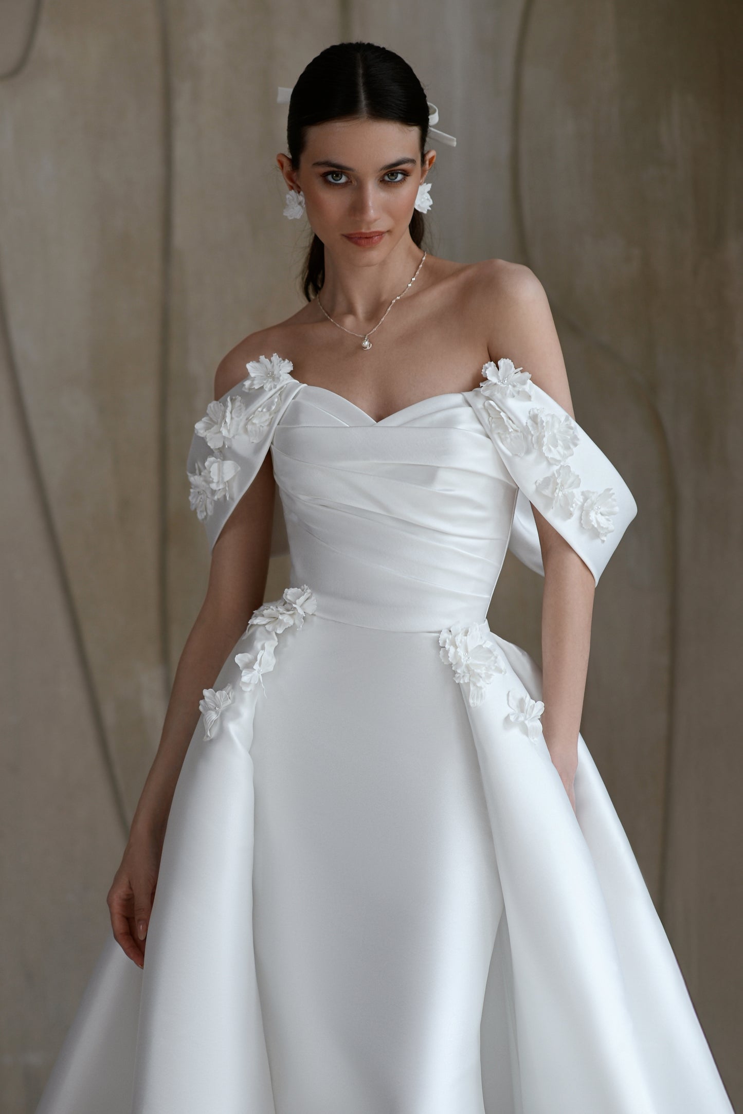 Mermaid Mikado wedding dress with 3D floral straps and train