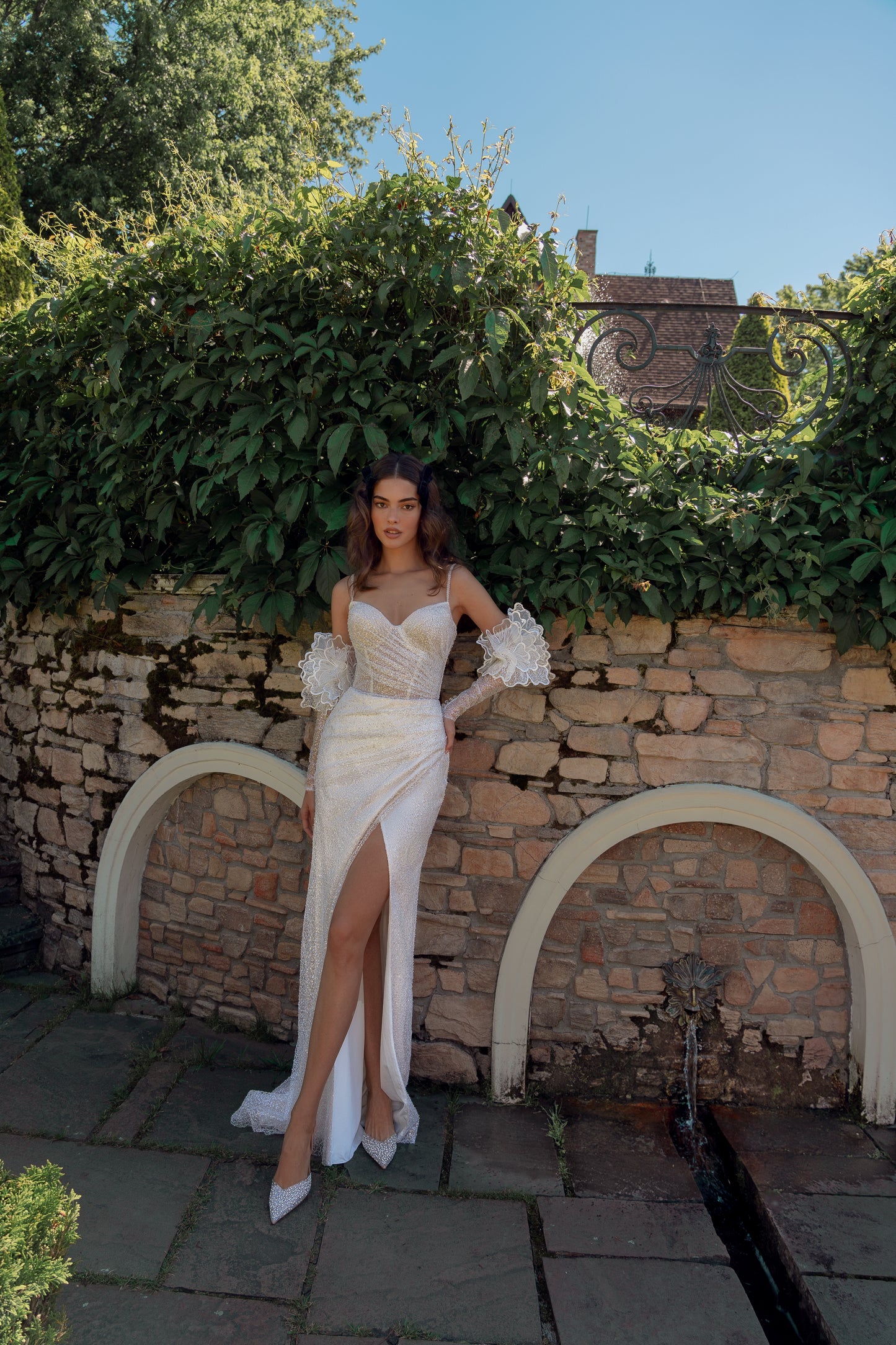 Sheath wedding dress with 3D floral sleeves