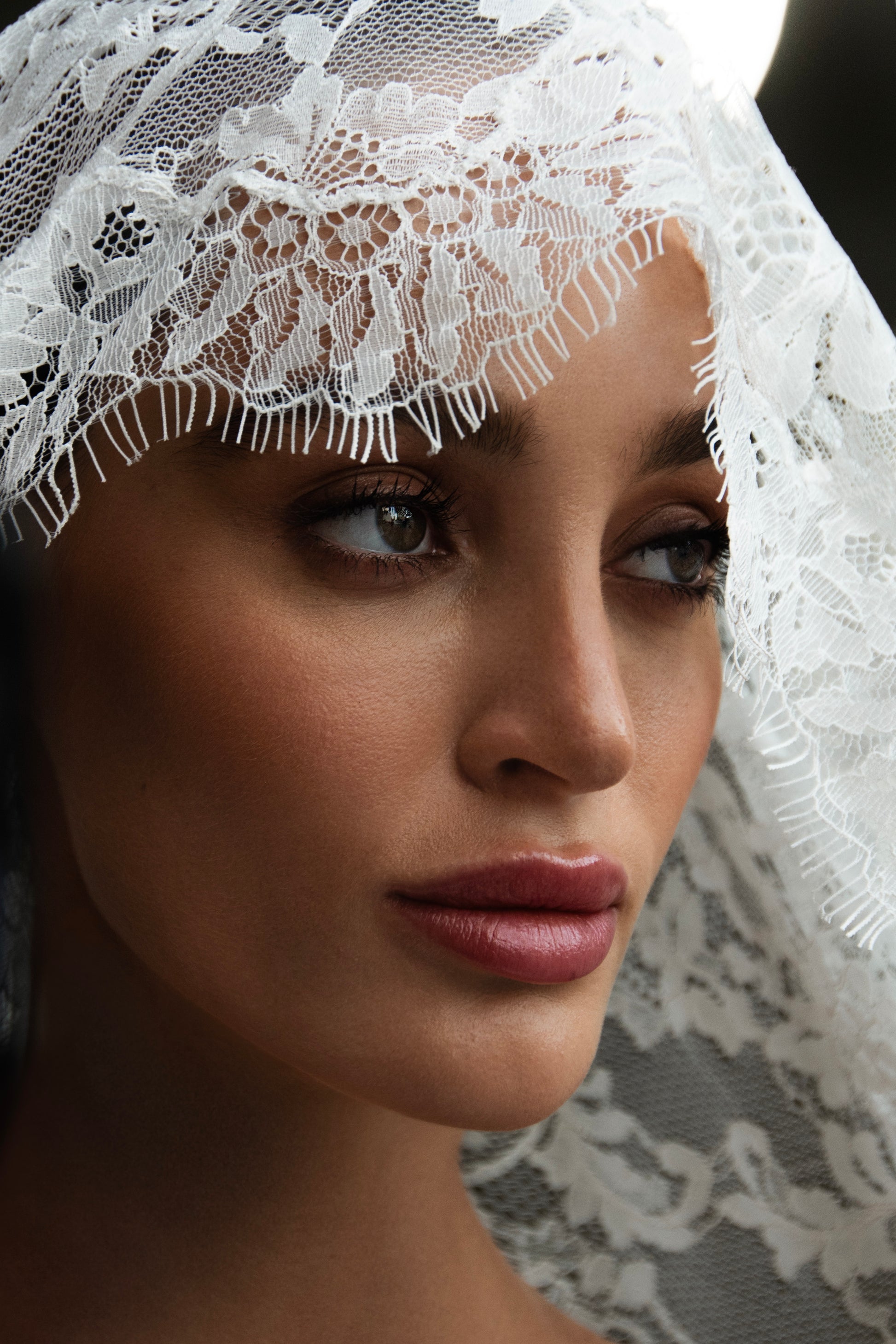 Off-shoulder lace wedding gown with long illusion sleeves, corset bodice, and chapel-length train.