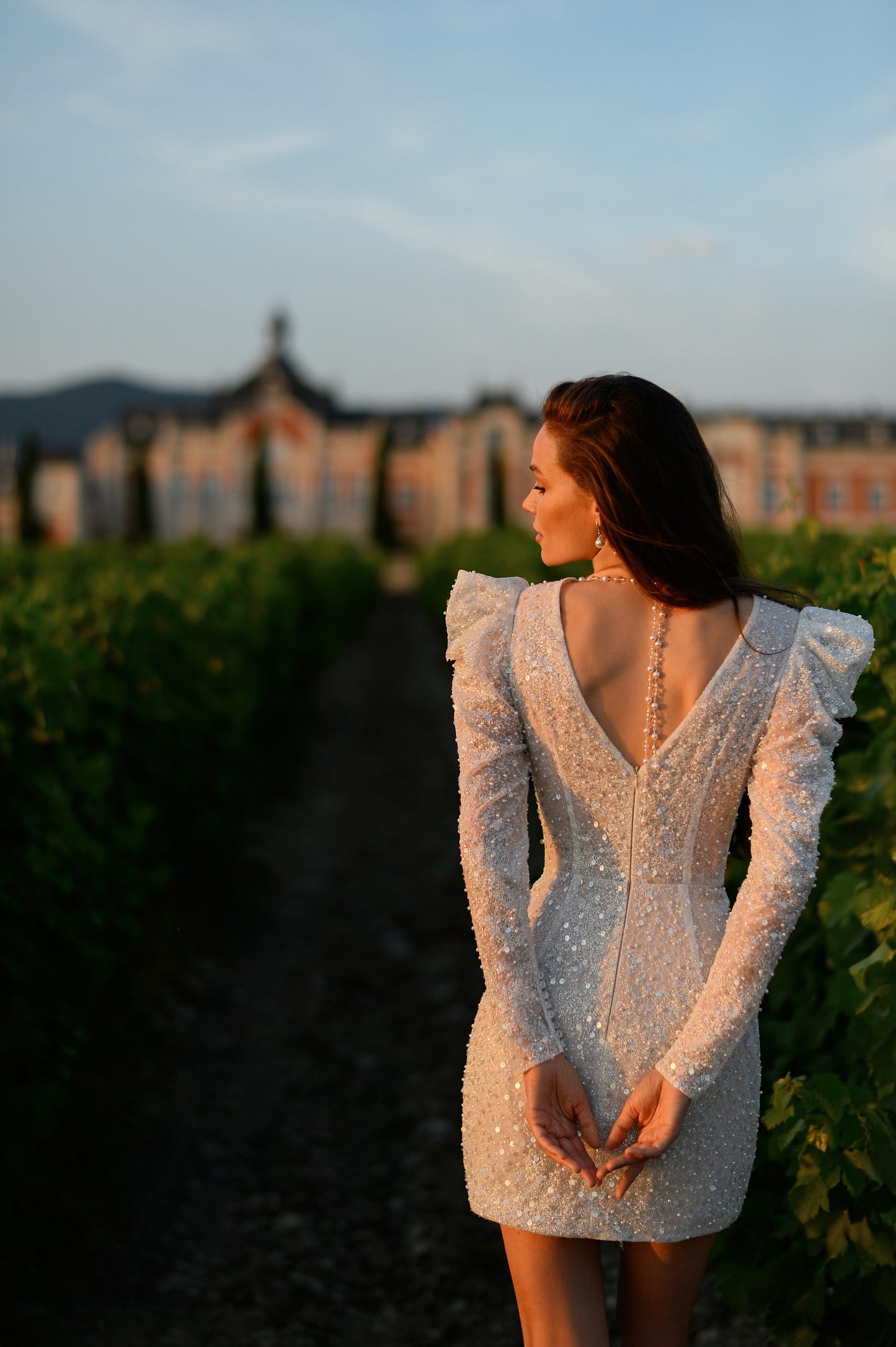 Mini sheath lace wedding dress with puffy sleeves and open back