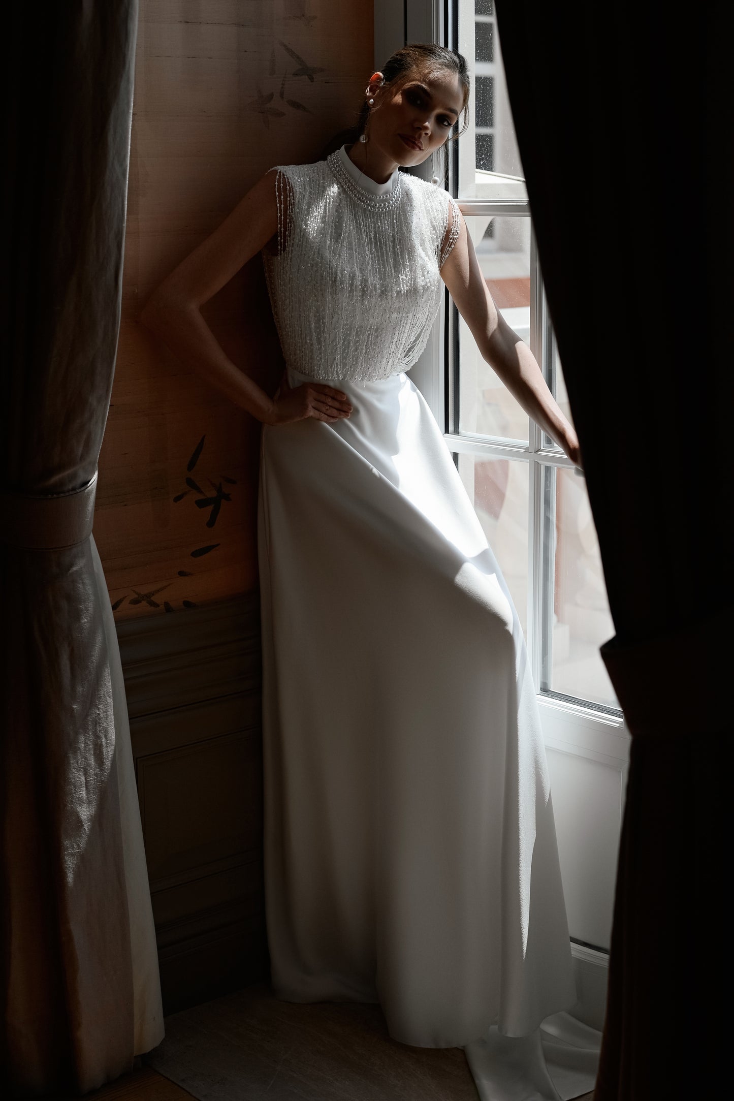 Sleeveless satin wedding dress with lace bodice & court train