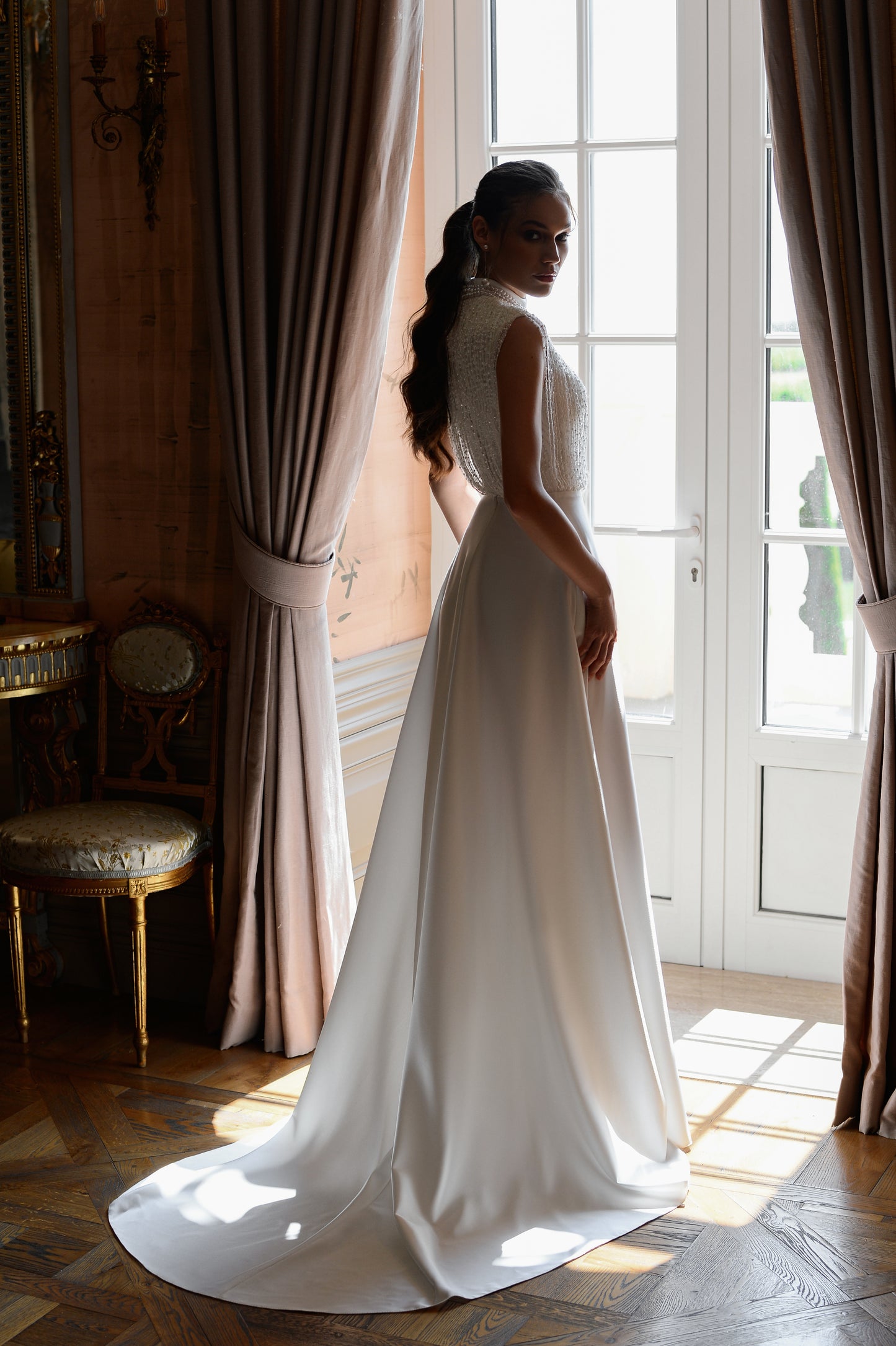 Sleeveless satin wedding dress with lace bodice & court train