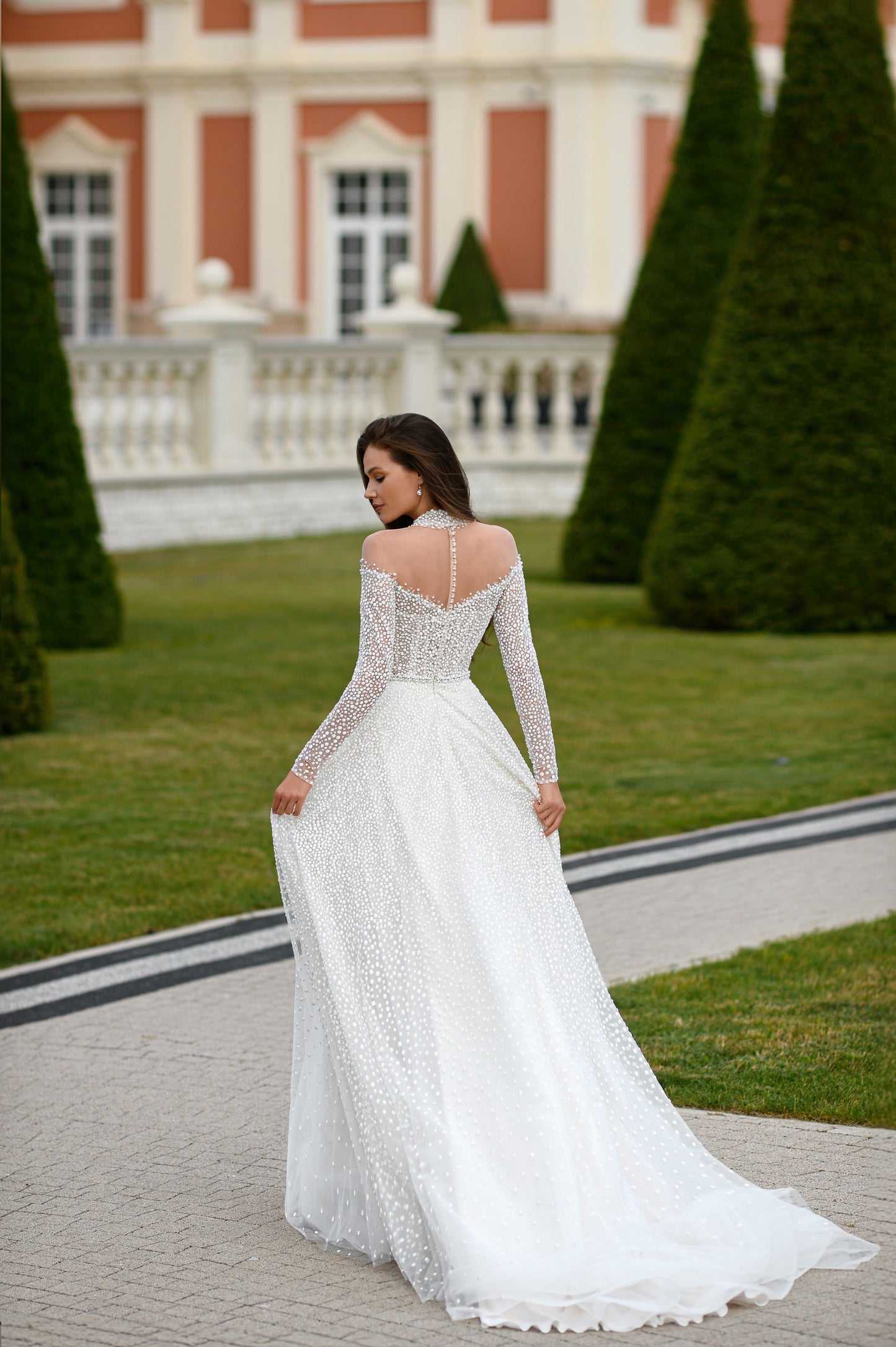 A-line glitter tulle wedding dress with illusion V-neck sleeves
