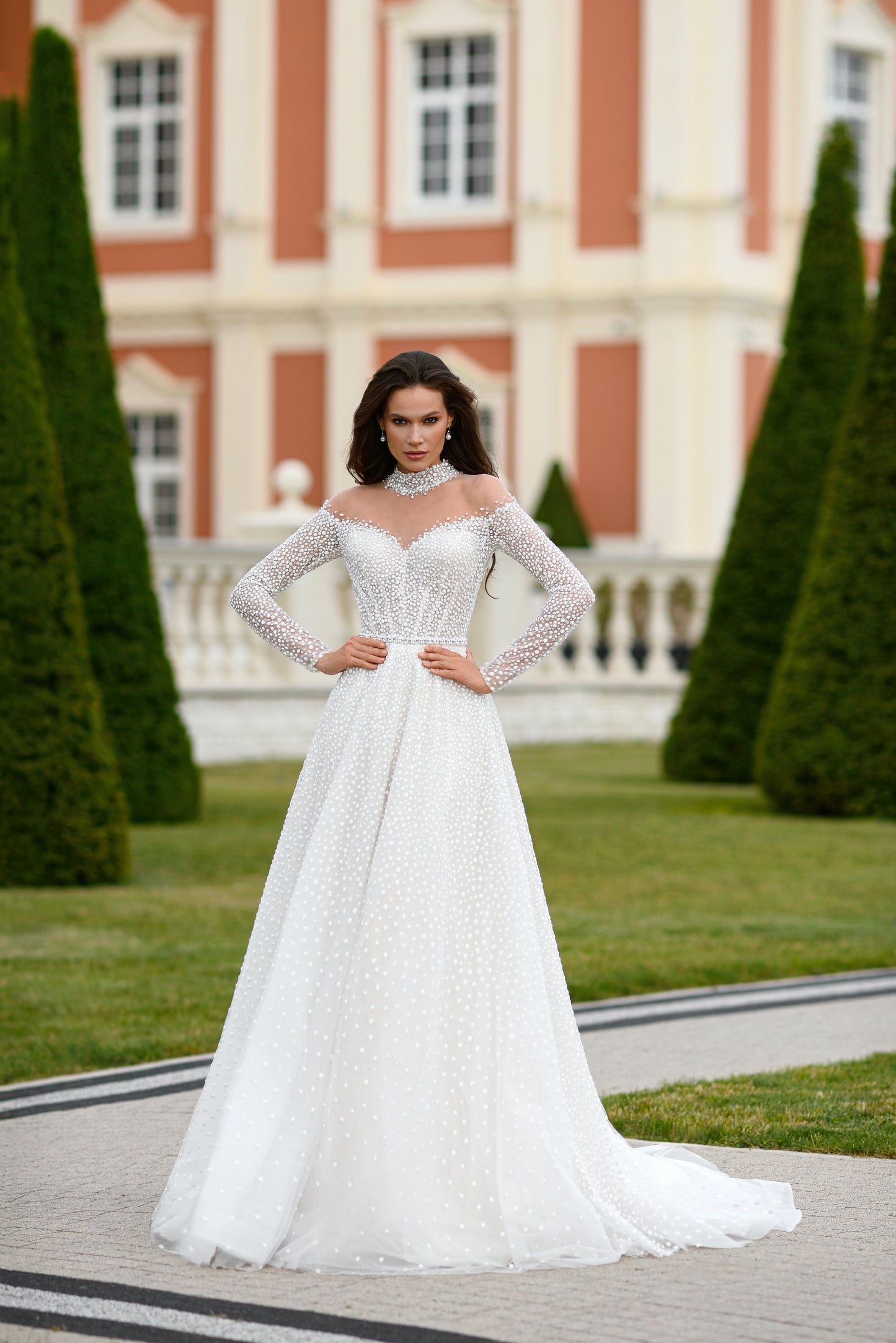 A-line glitter tulle wedding dress with illusion V-neck sleeves