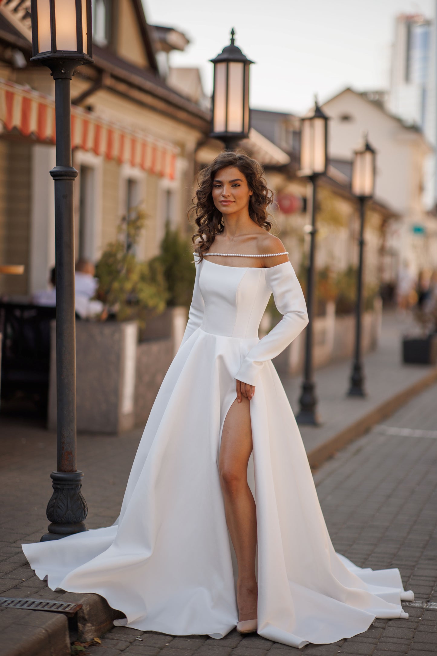 Mikado A-line off-the-shoulder wedding dress with long sleeves