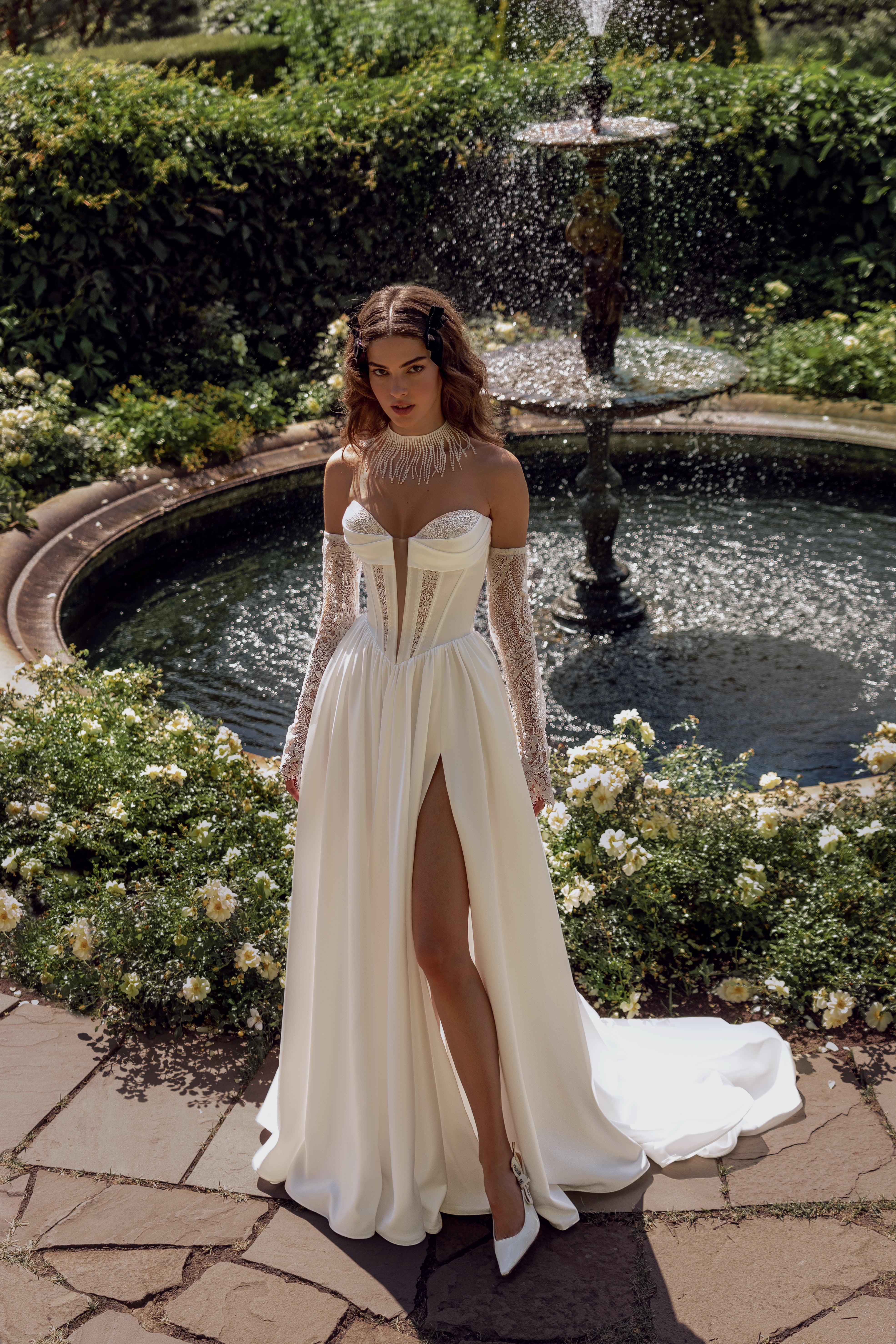 Modern Drop Waist A-Line Wedding Dress with Deep V Neckline – Think Bridal