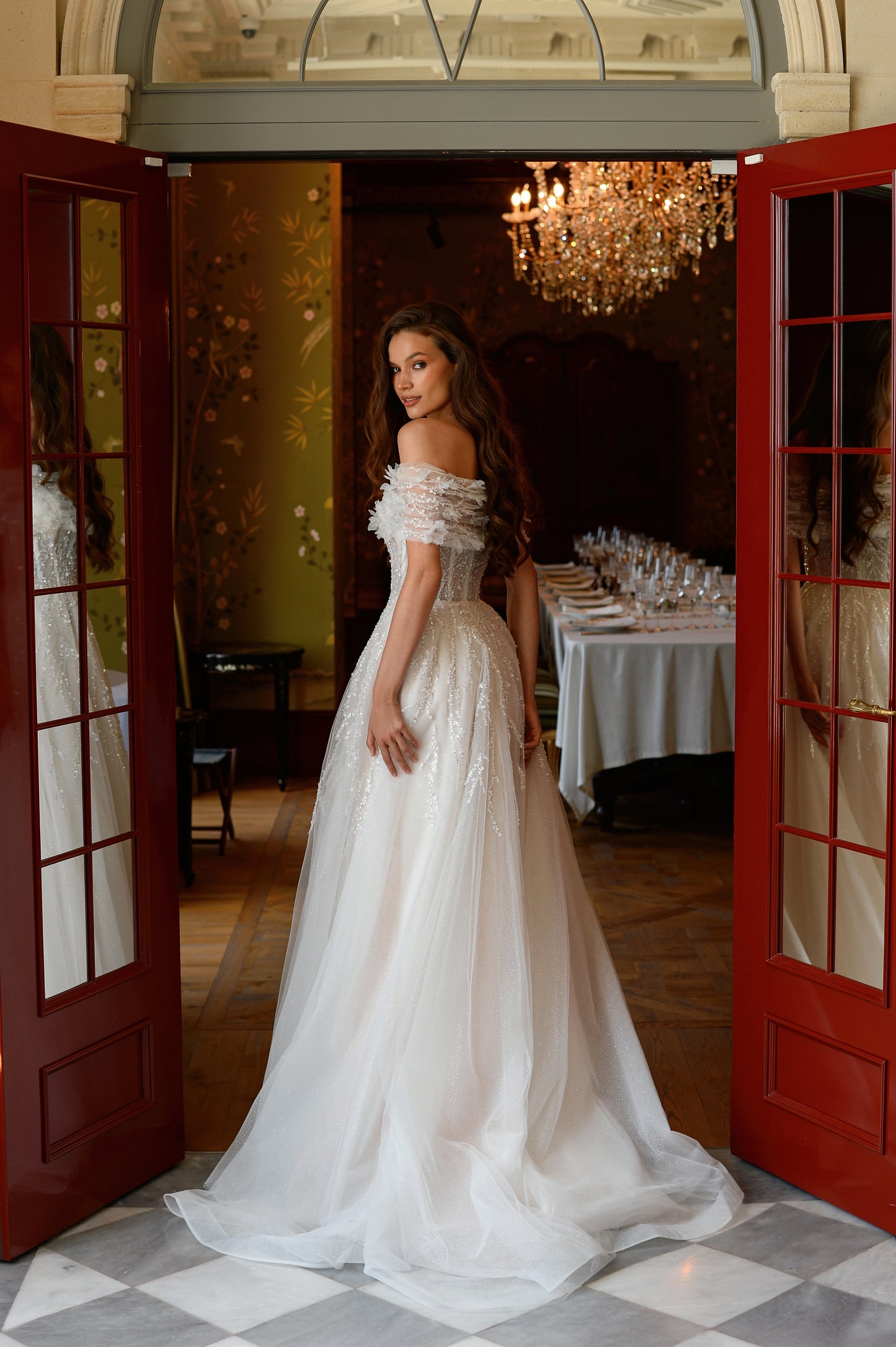 Princess tulle wedding dress with floral bolero and chapel train