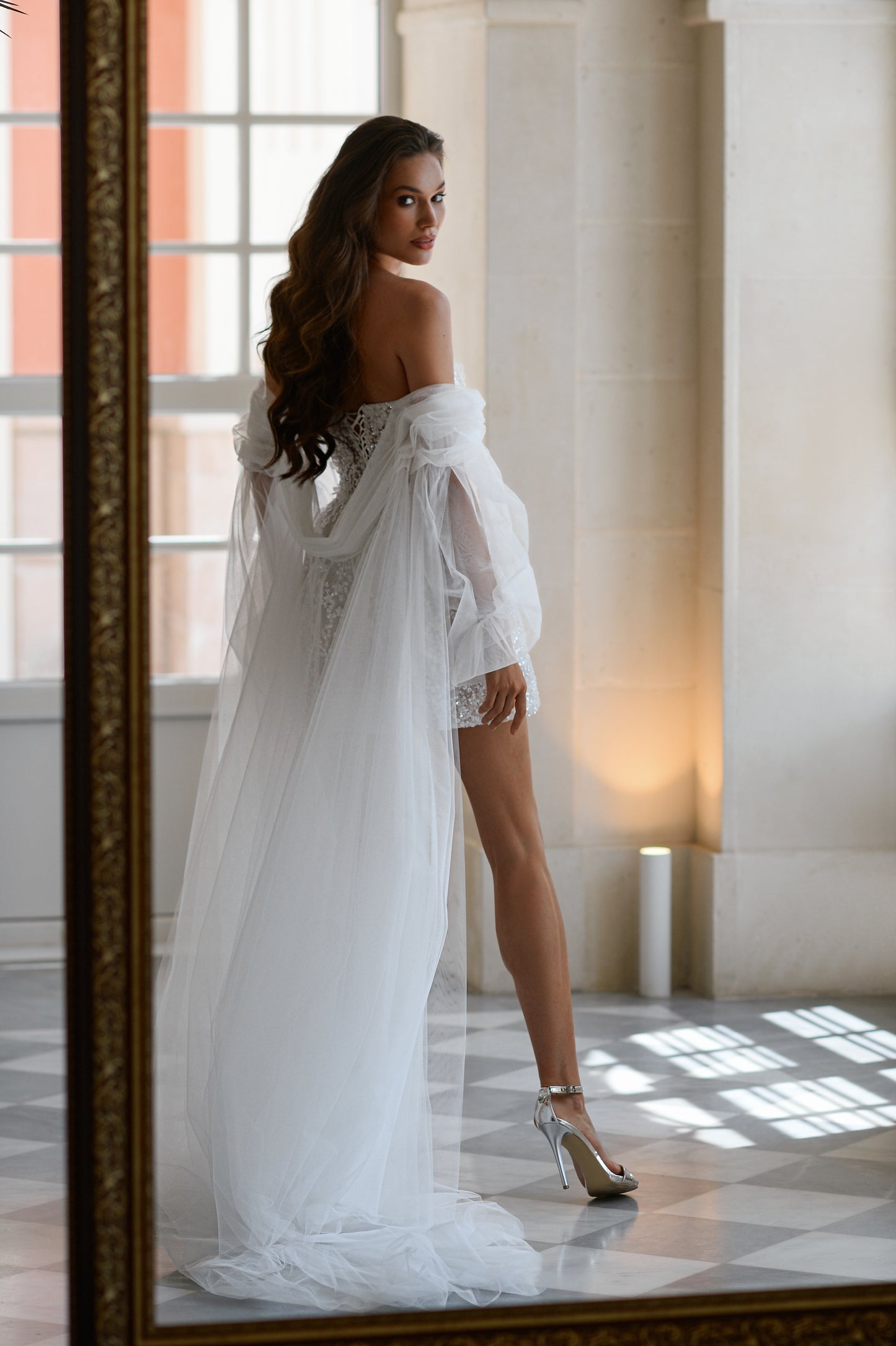 Mini A-line lace wedding dress with Watteau train and sleeveless