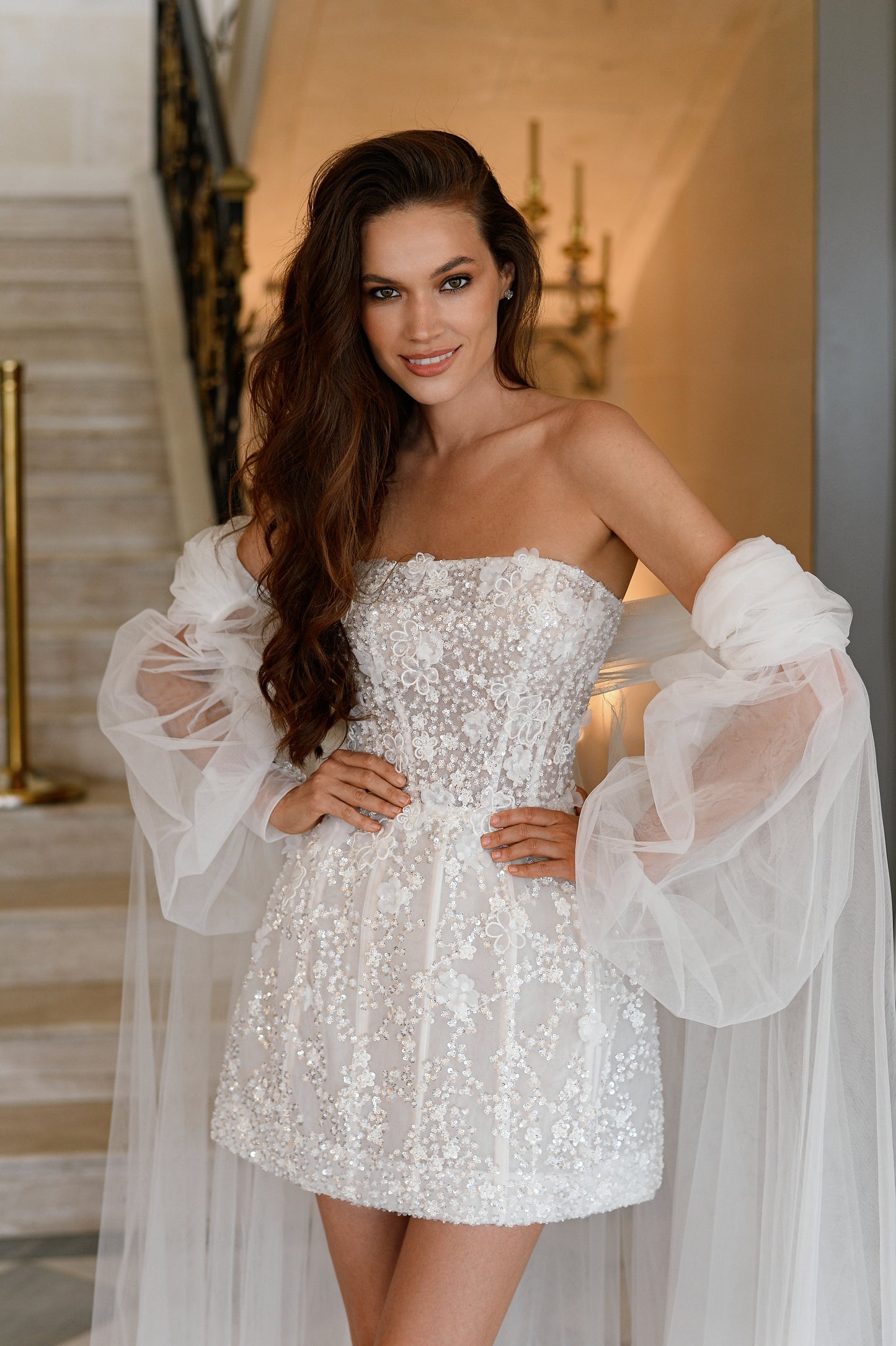 Mini A-line lace wedding dress with Watteau train and sleeveless
