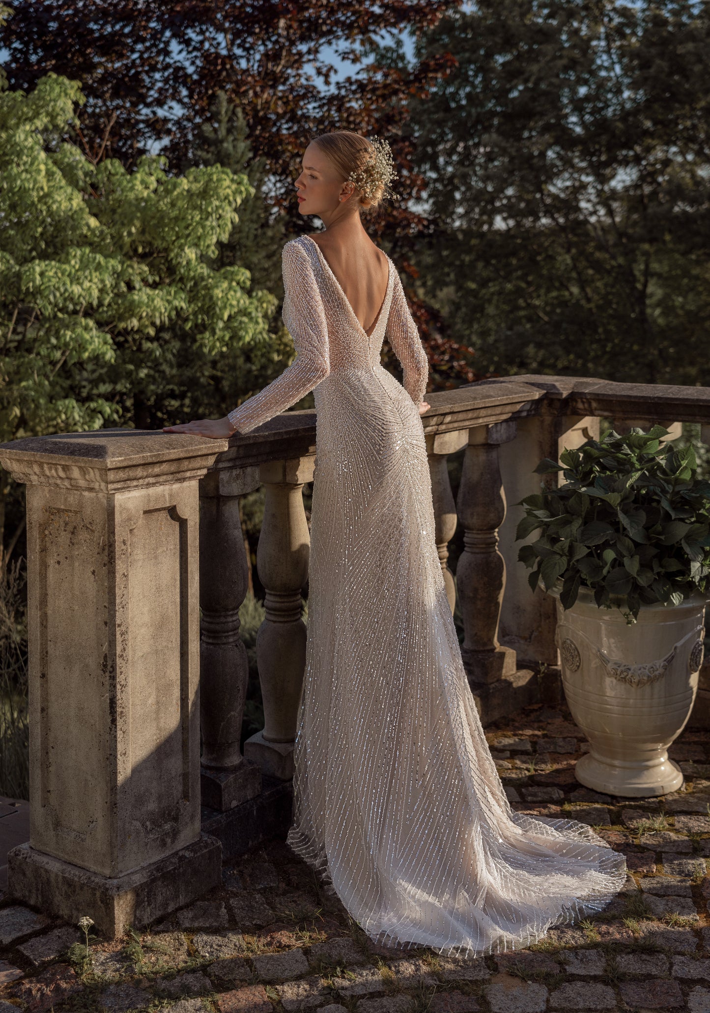 Sheath long sleeve lace wedding dress with deep-V open back
