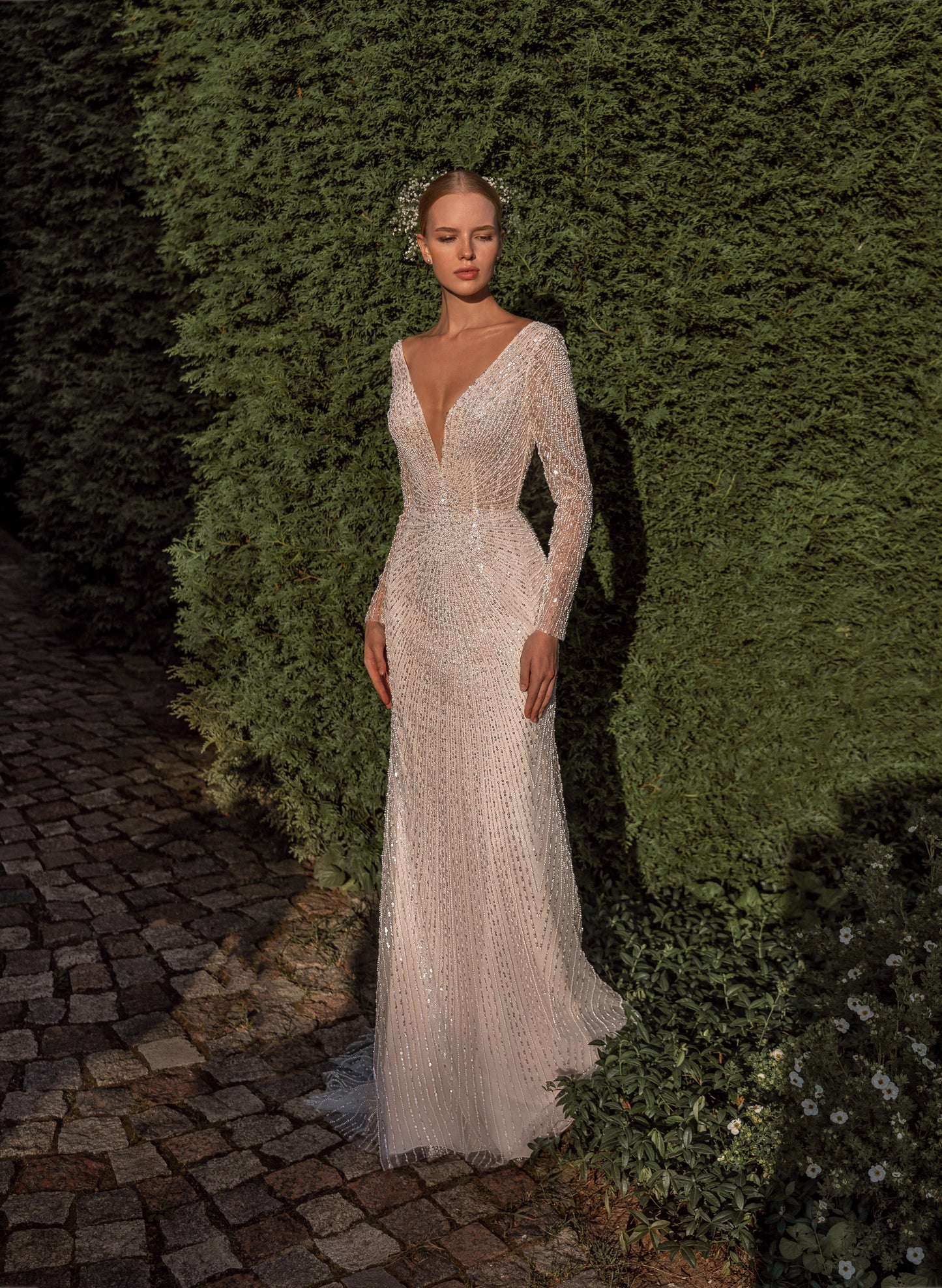 Sheath long sleeve lace wedding dress with deep-V open back