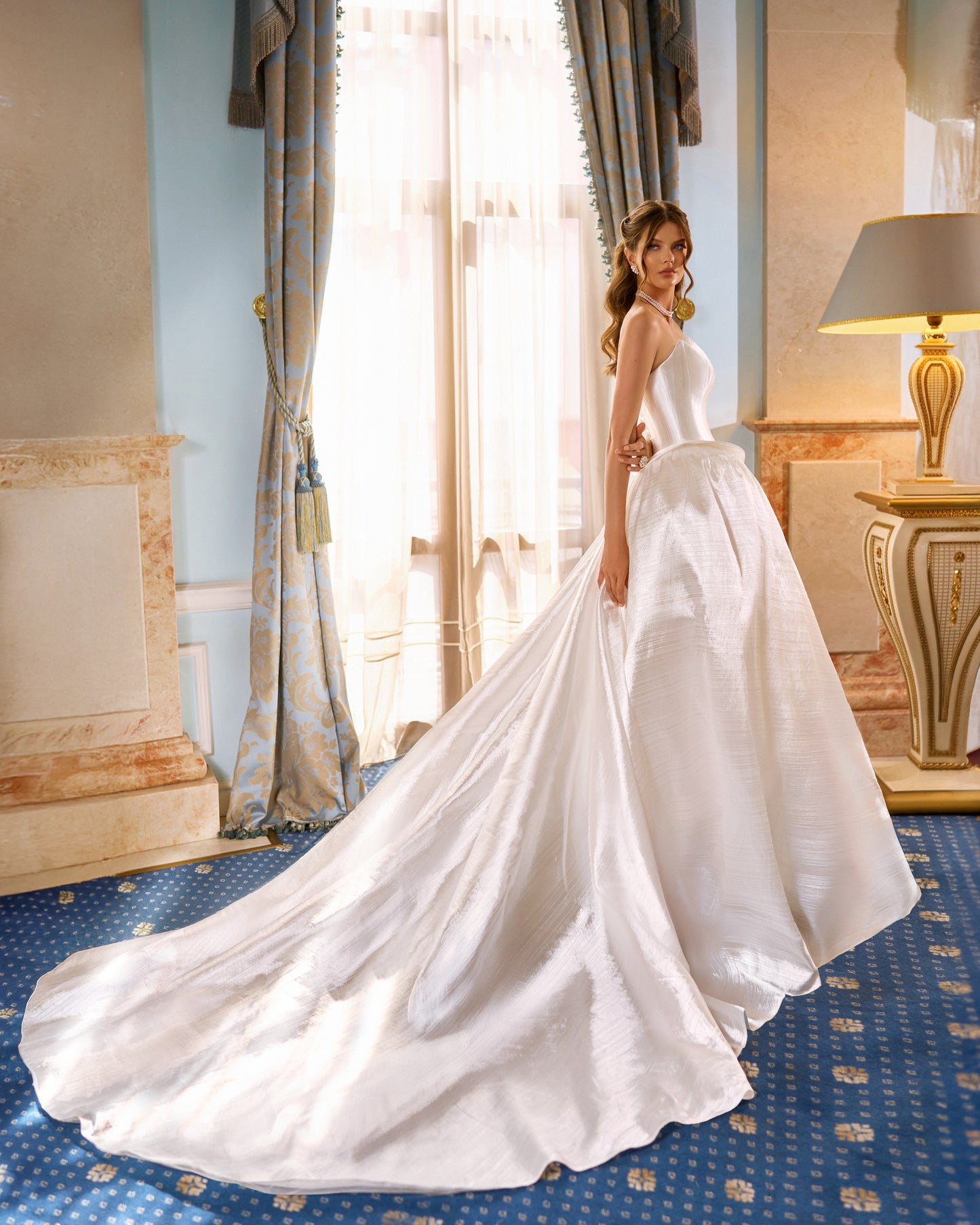 A-line Strapless Taffeta Corset Wedding Dress with Sculpted Skirt Chapel train