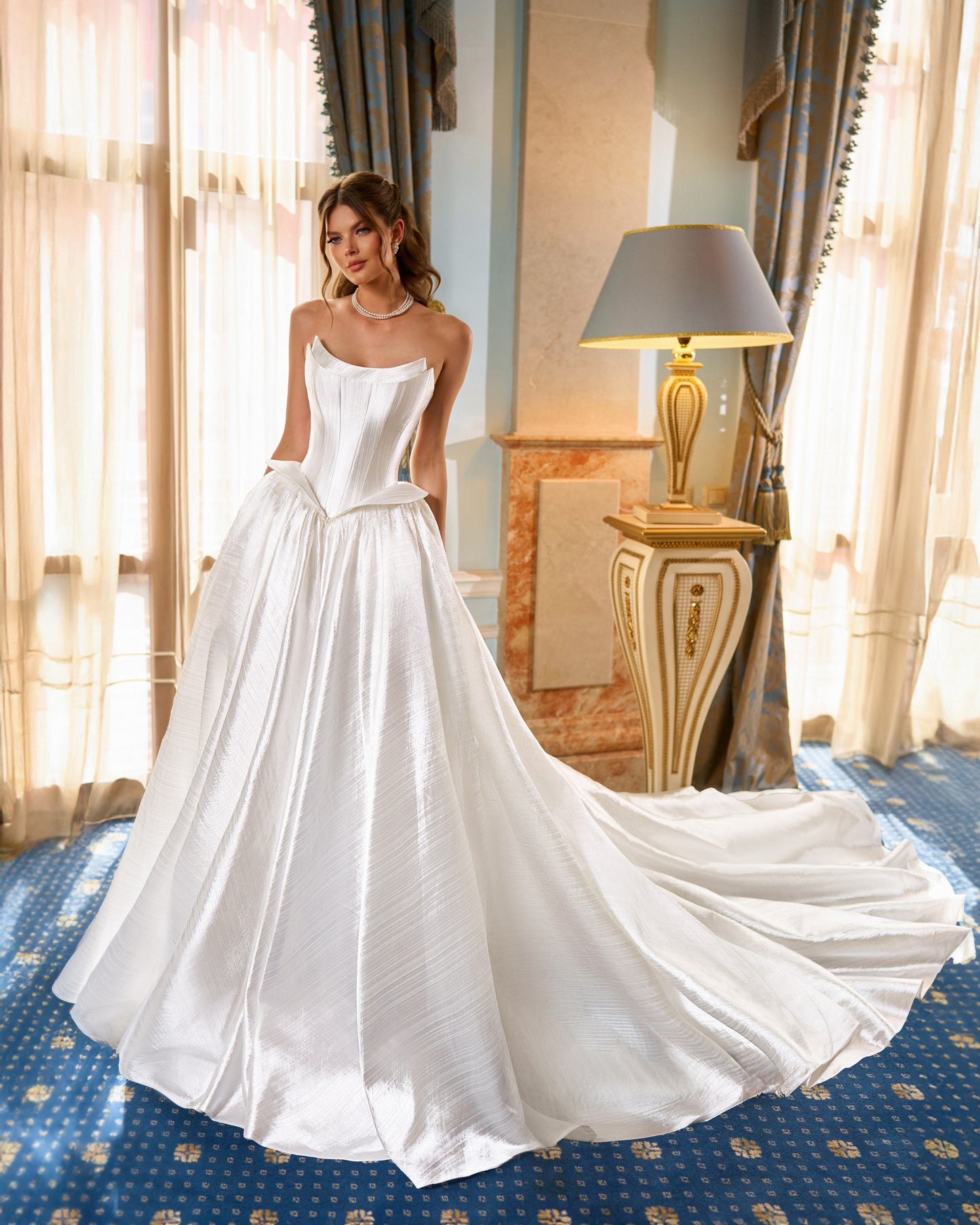 A-line Strapless Taffeta Corset Wedding Dress with Sculpted Skirt Chapel train
