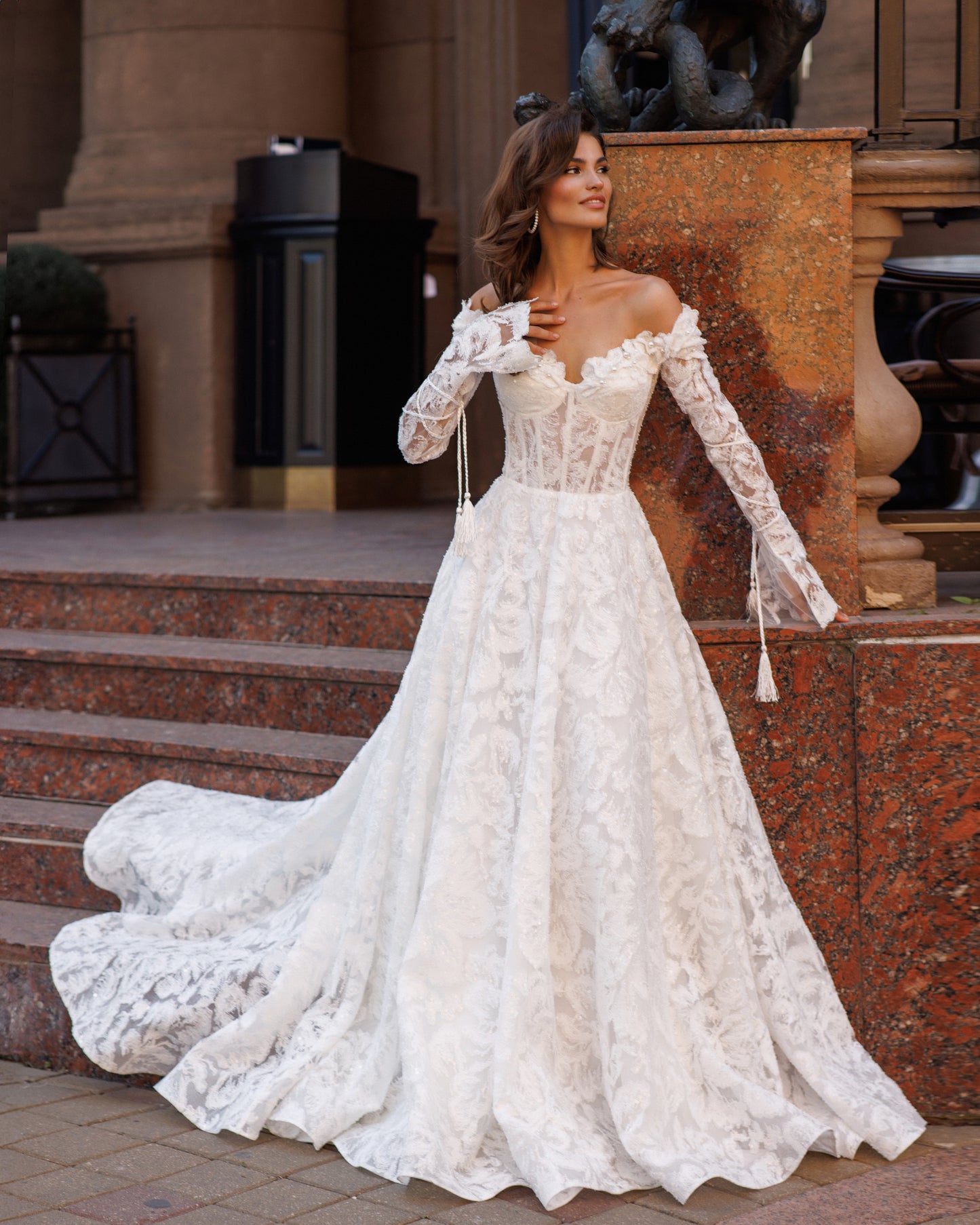 Romantic off-the-shoulder A-line lace chapel train dress