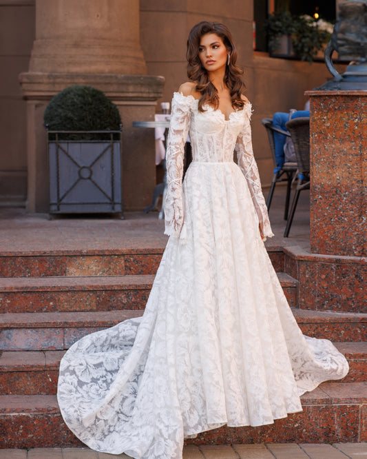 Romantic off-the-shoulder A-line lace chapel train dress