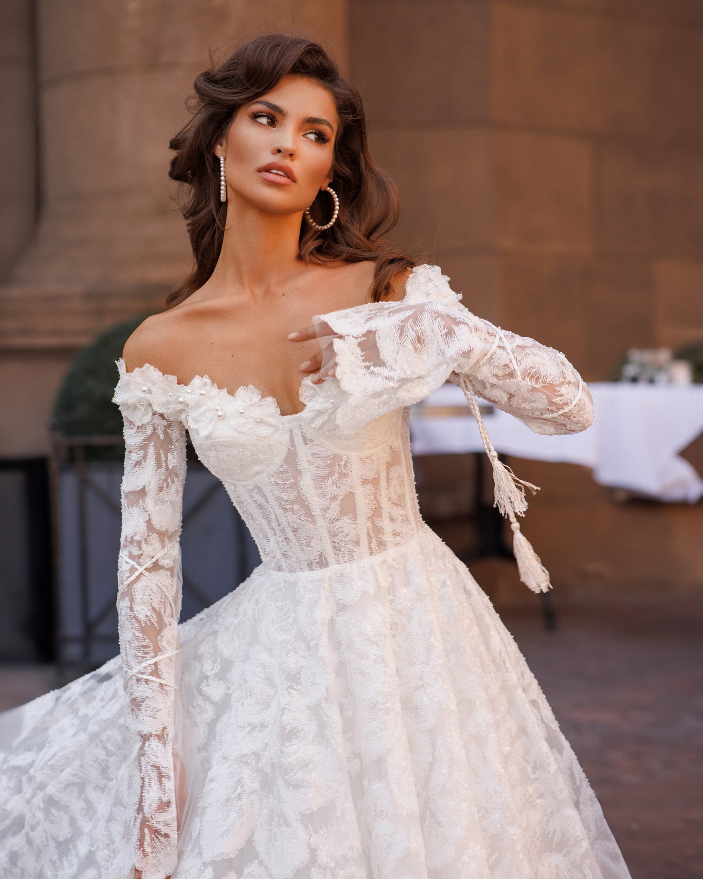 Romantic off-the-shoulder A-line lace chapel train dress
