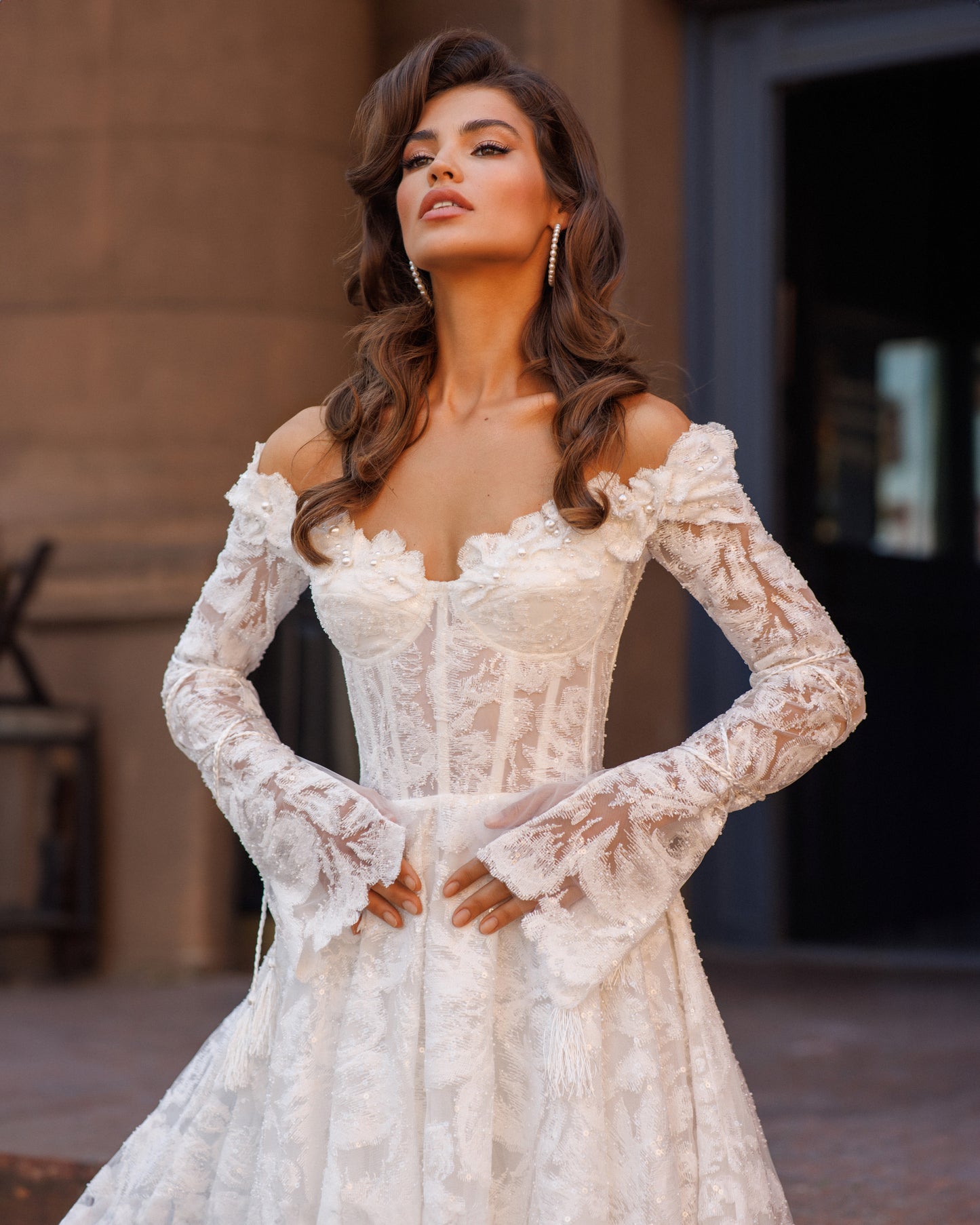 Romantic off-the-shoulder A-line lace chapel train dress