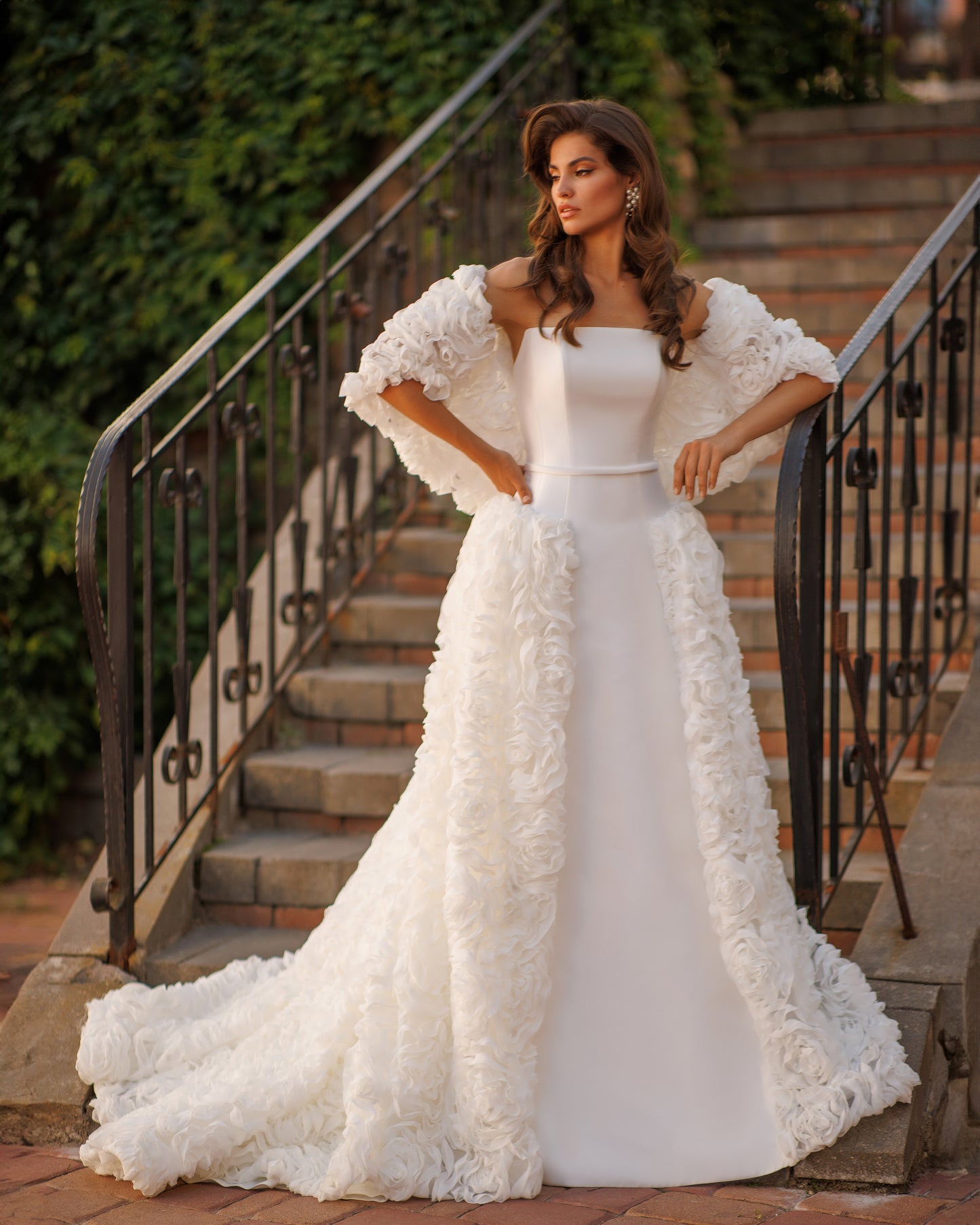 A-line Mikado wedding dress with chiffon 3D floral skirt.