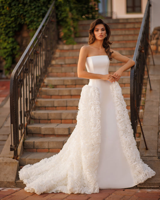 A-line Mikado wedding dress with chiffon 3D floral skirt.