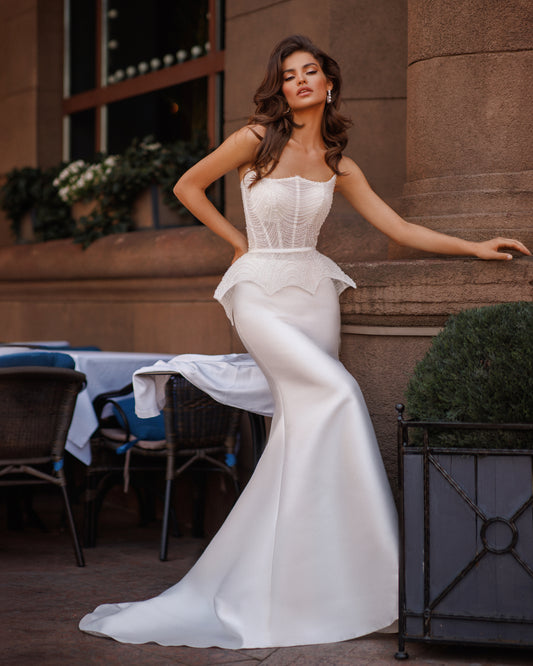 Mermaid trumpet Mikado wedding dress with pearl lace corset
