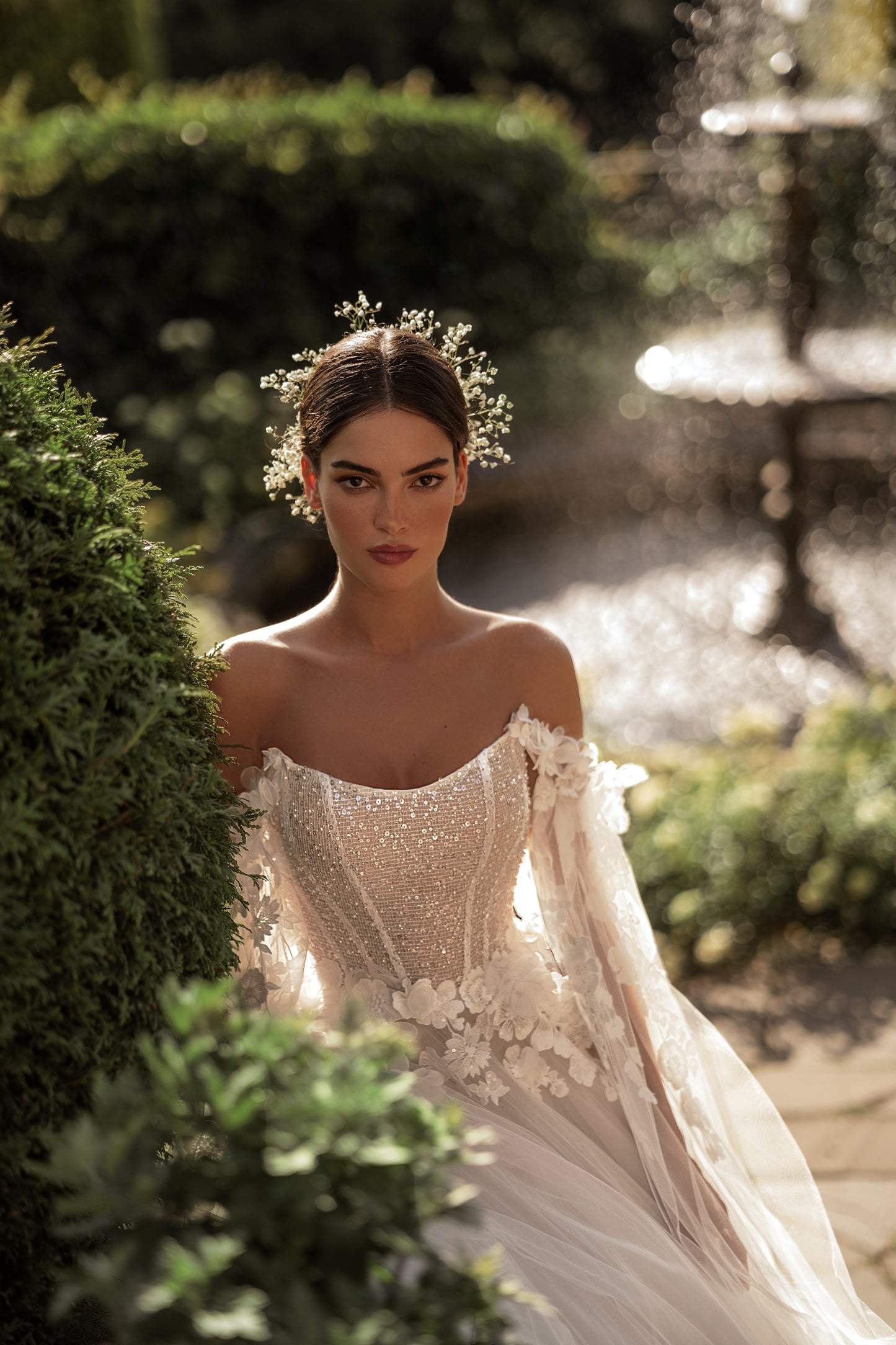 A-line wedding dress with 3D floral off-the-shoulder straps