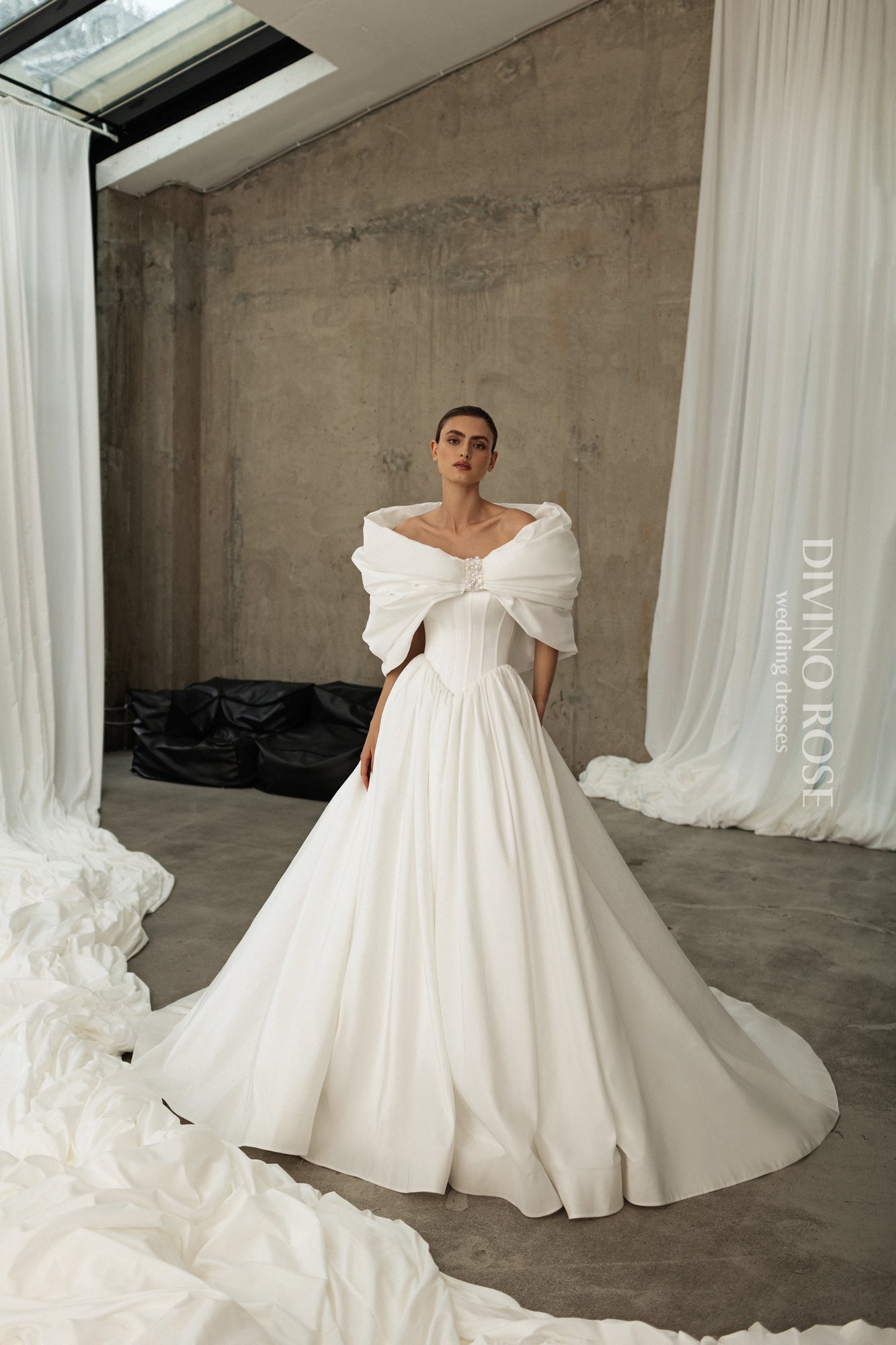 Princess A-line satin wedding dress with chapel train