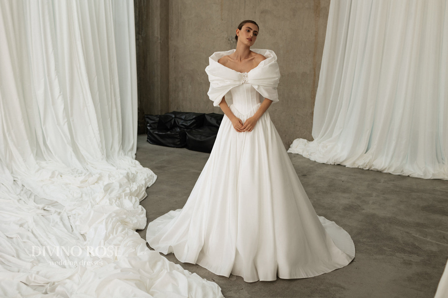 Princess A-line satin wedding dress with chapel train