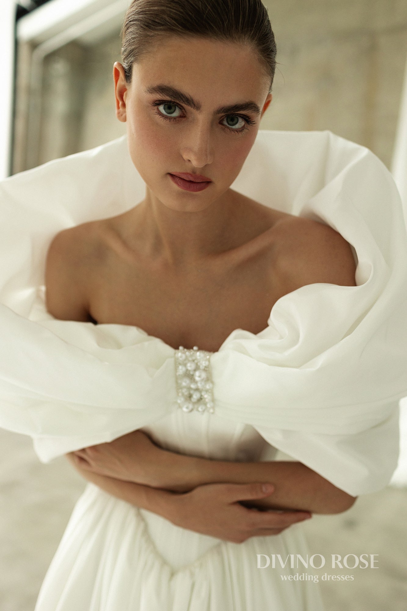 Princess A-line satin wedding dress with chapel train