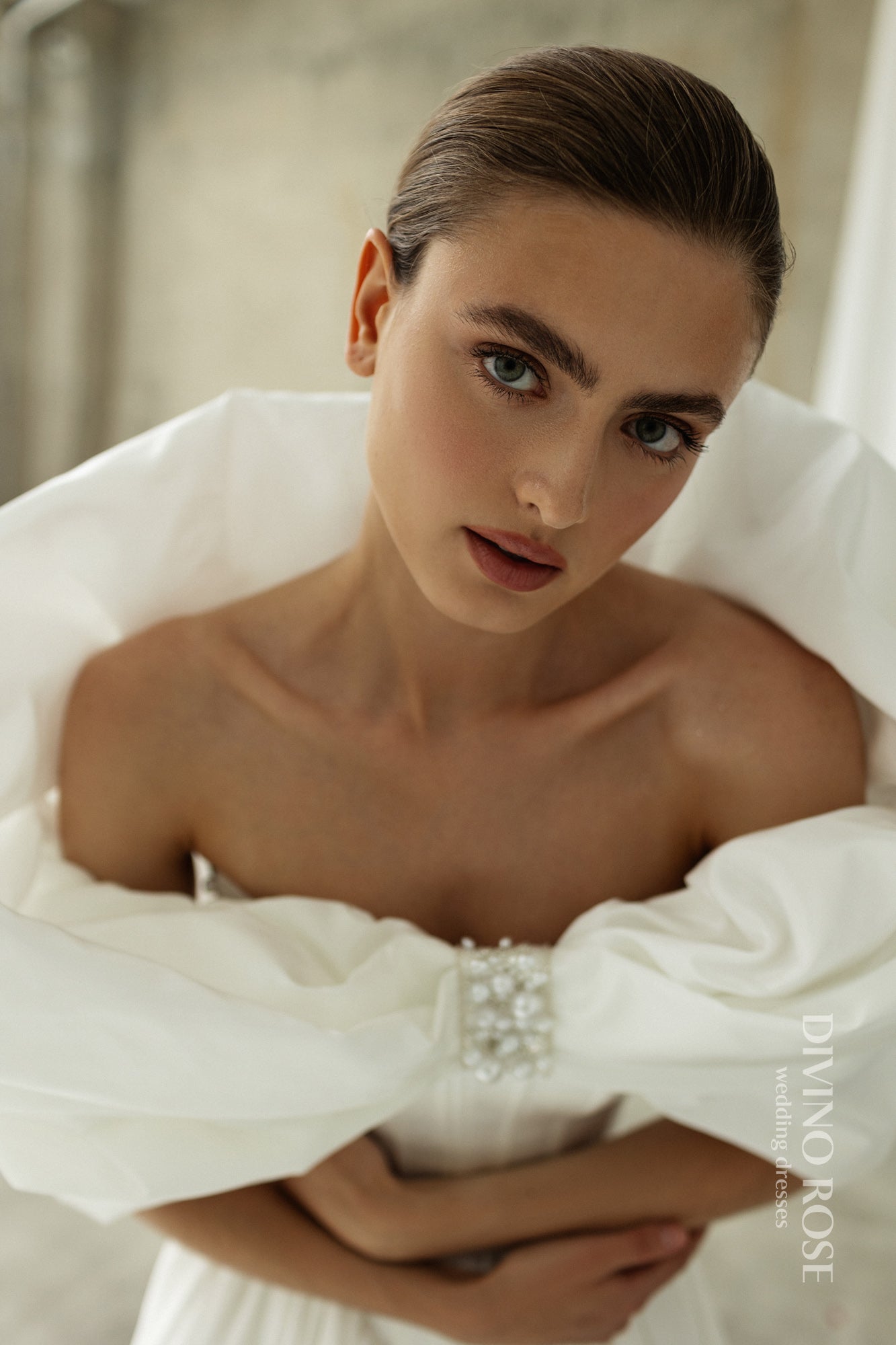 Princess A-line satin wedding dress with chapel train