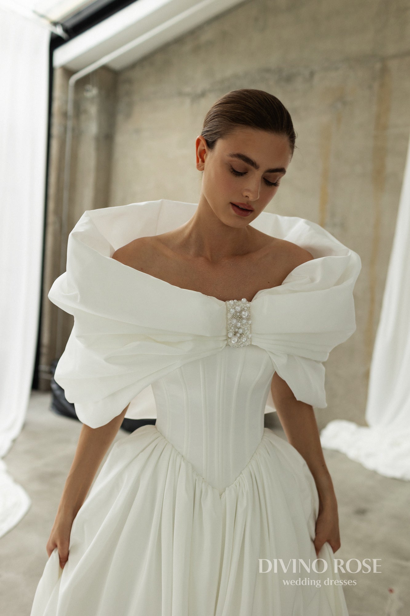 Princess A-line satin wedding dress with chapel train