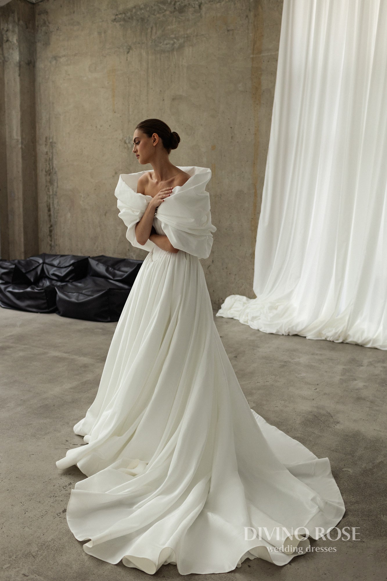 Princess A-line satin wedding dress with chapel train