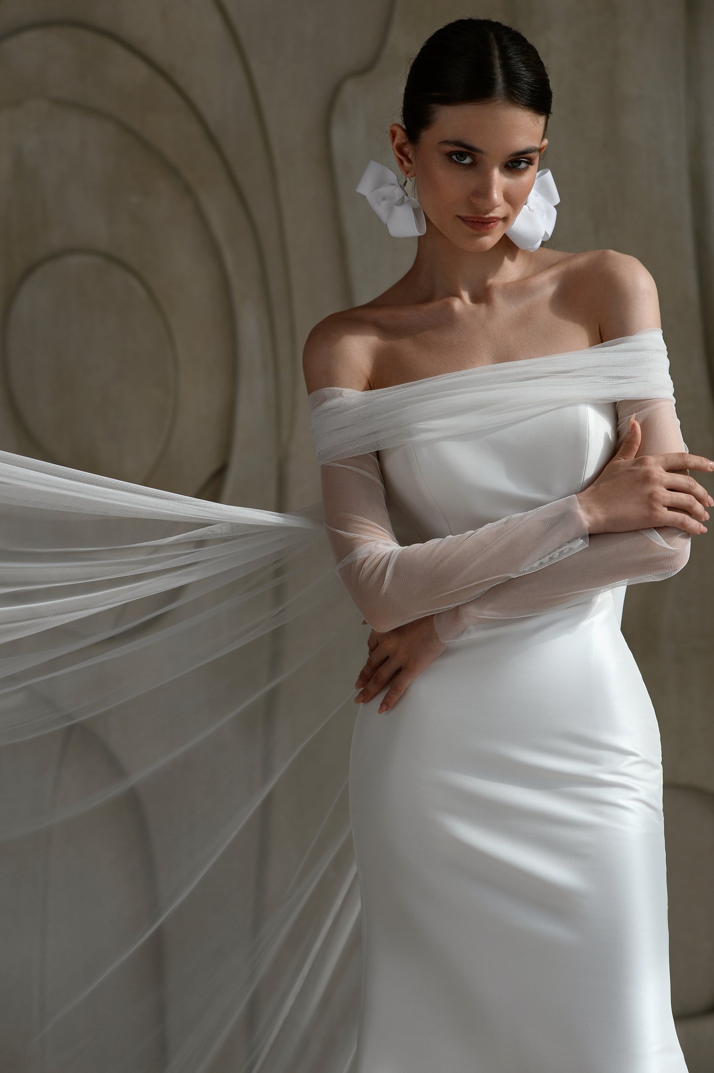 Mermaid mikado wedding dress with fishtail train and long cape