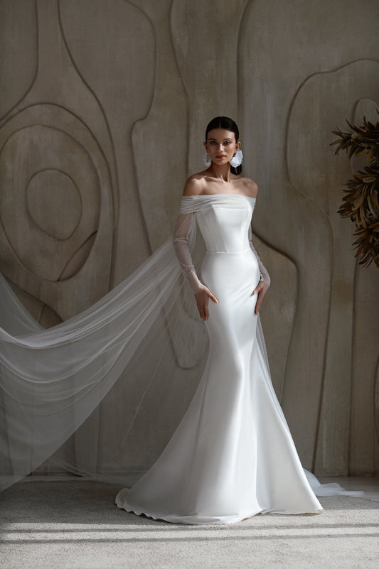 Mermaid mikado wedding dress with fishtail train and long cape