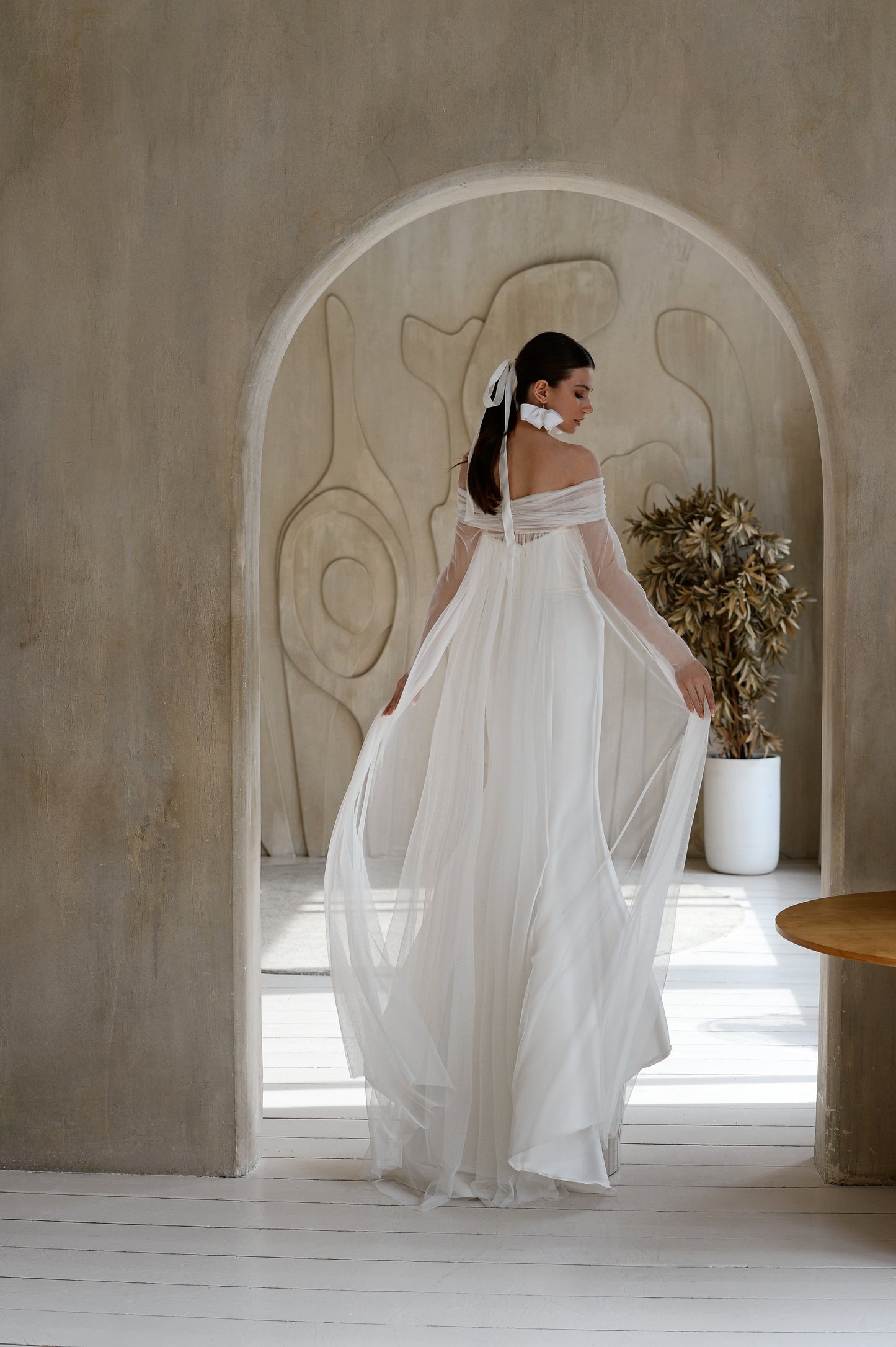 Mermaid mikado wedding dress with fishtail train and long cape