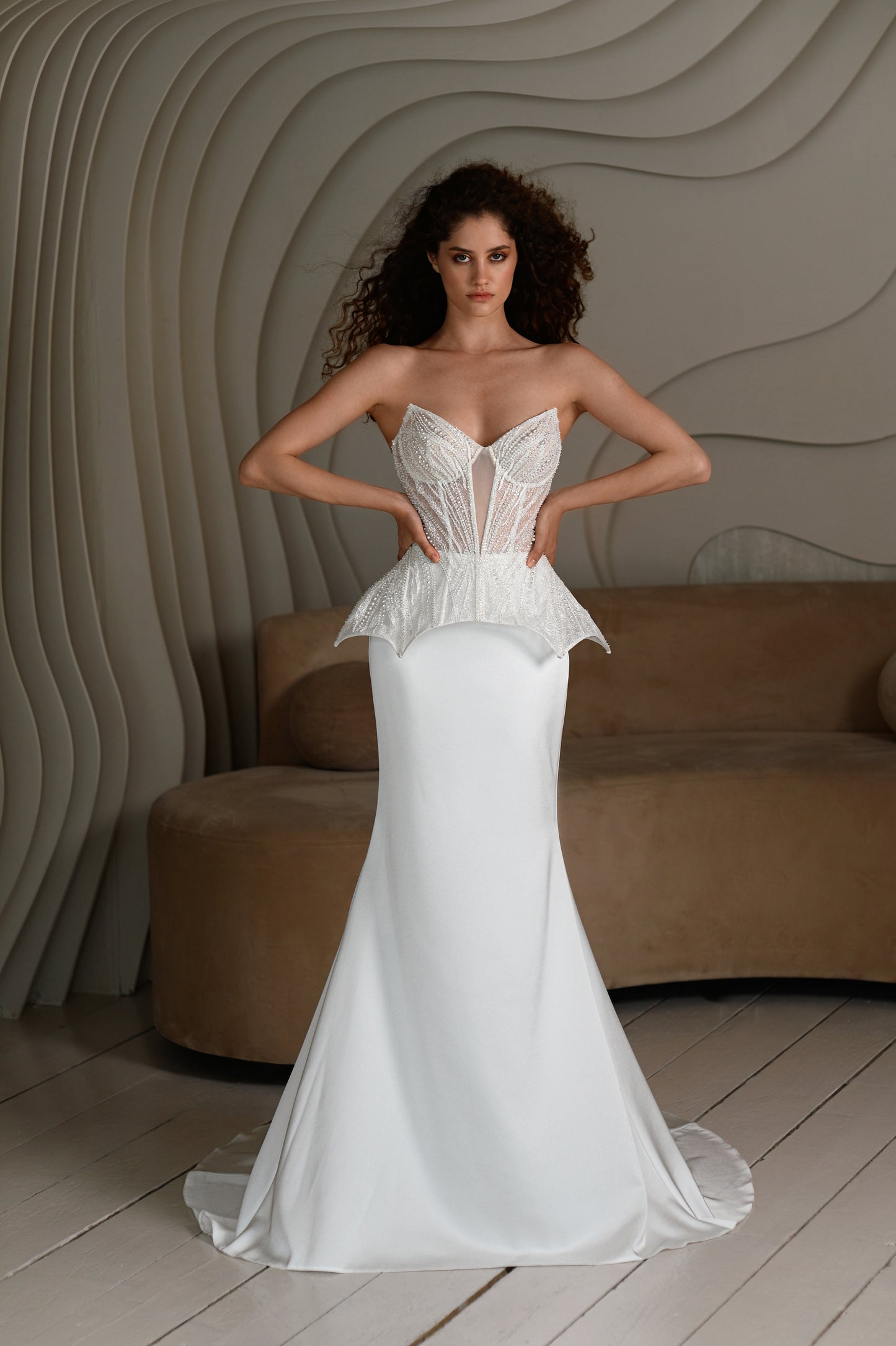 Sheath wedding dress with satin corset and Watteau train.