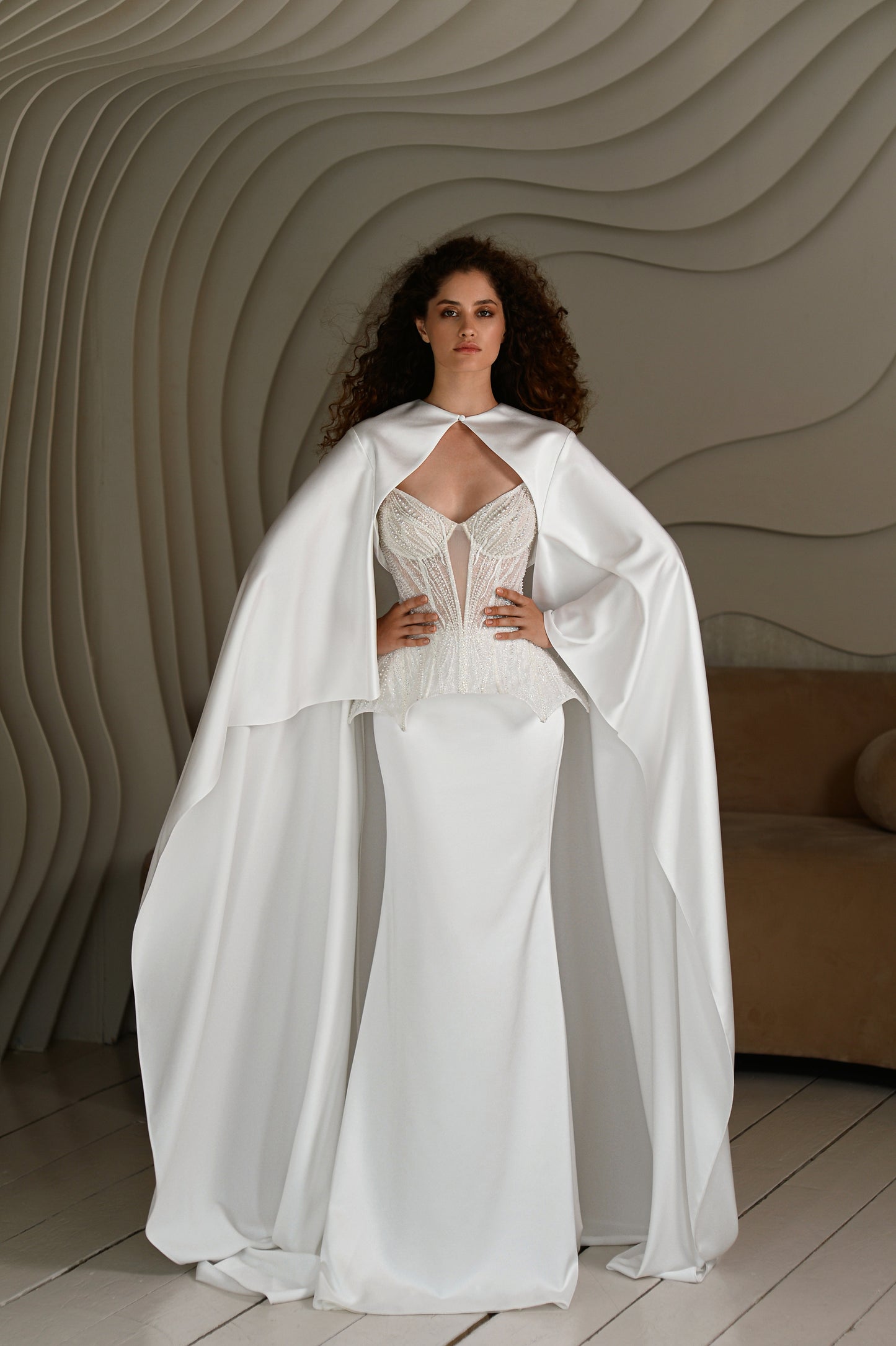Sheath wedding dress with satin corset and Watteau train.