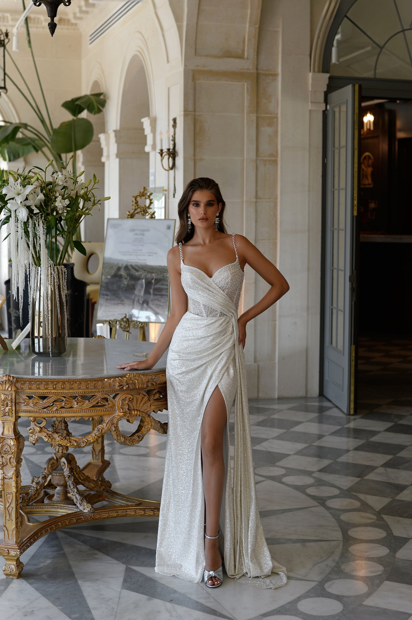 Sheath wedding dress with sweetheart neckline and lace bodice